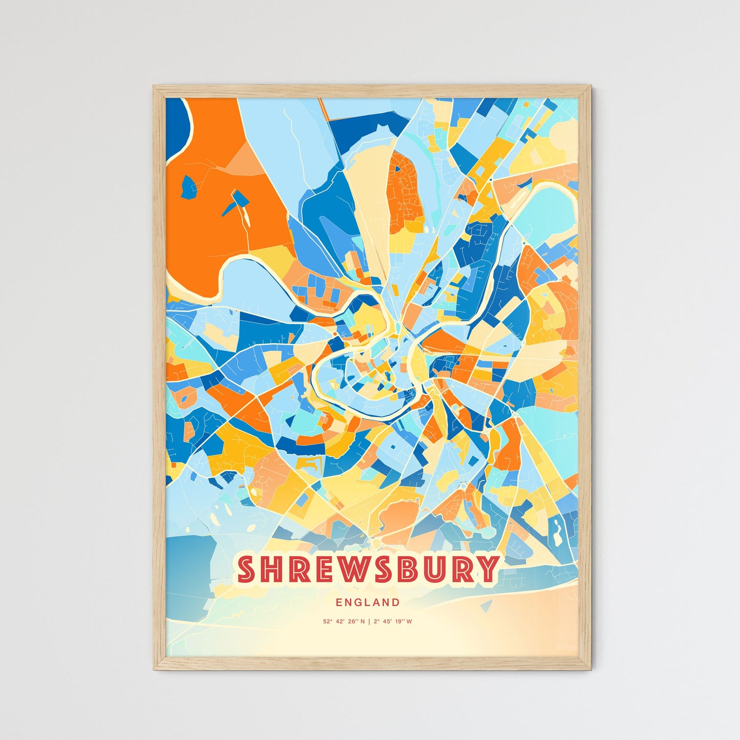 Colorful Shrewsbury England Fine Art Map Blue Orange