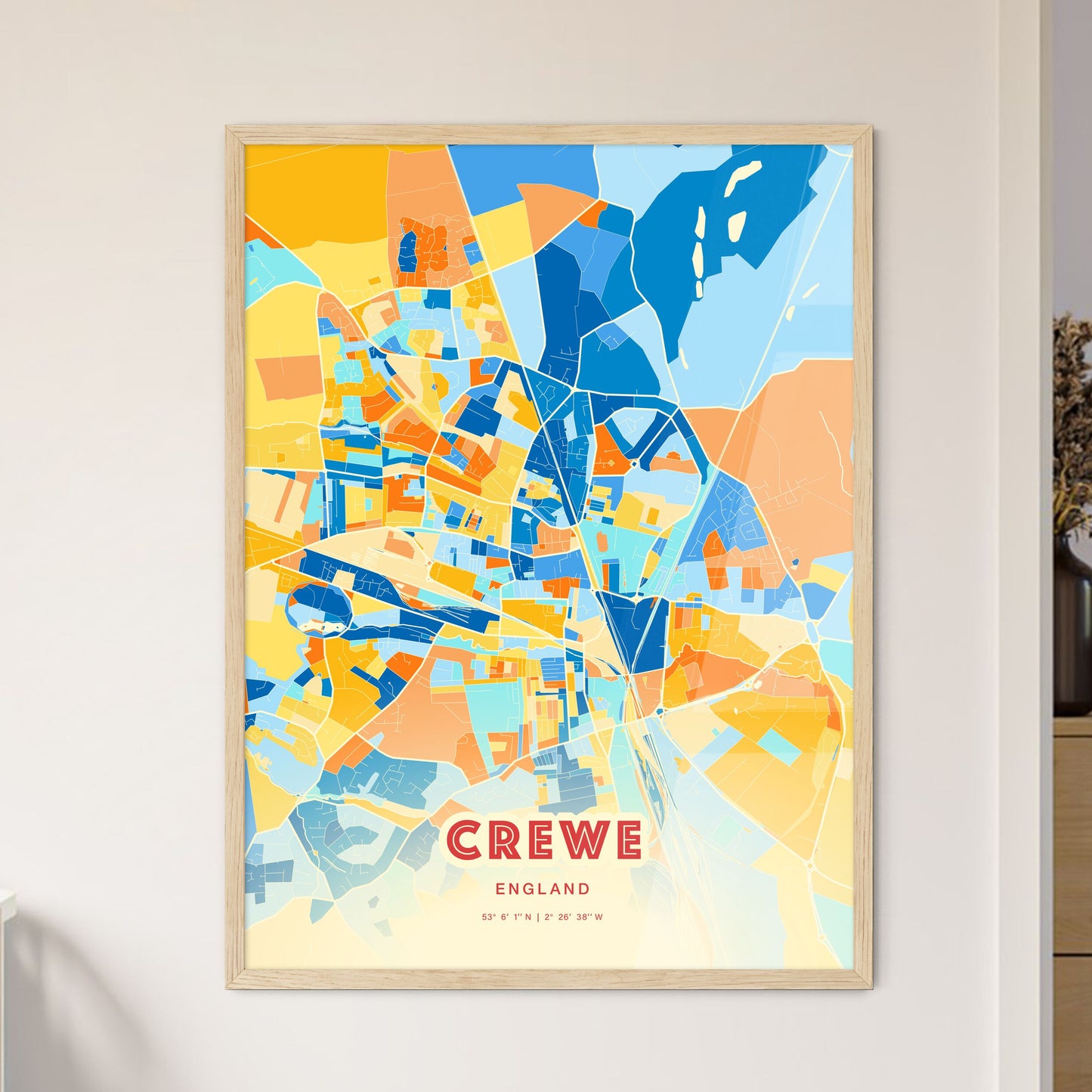 Colorful Crewe England Fine Art Map Blue Orange