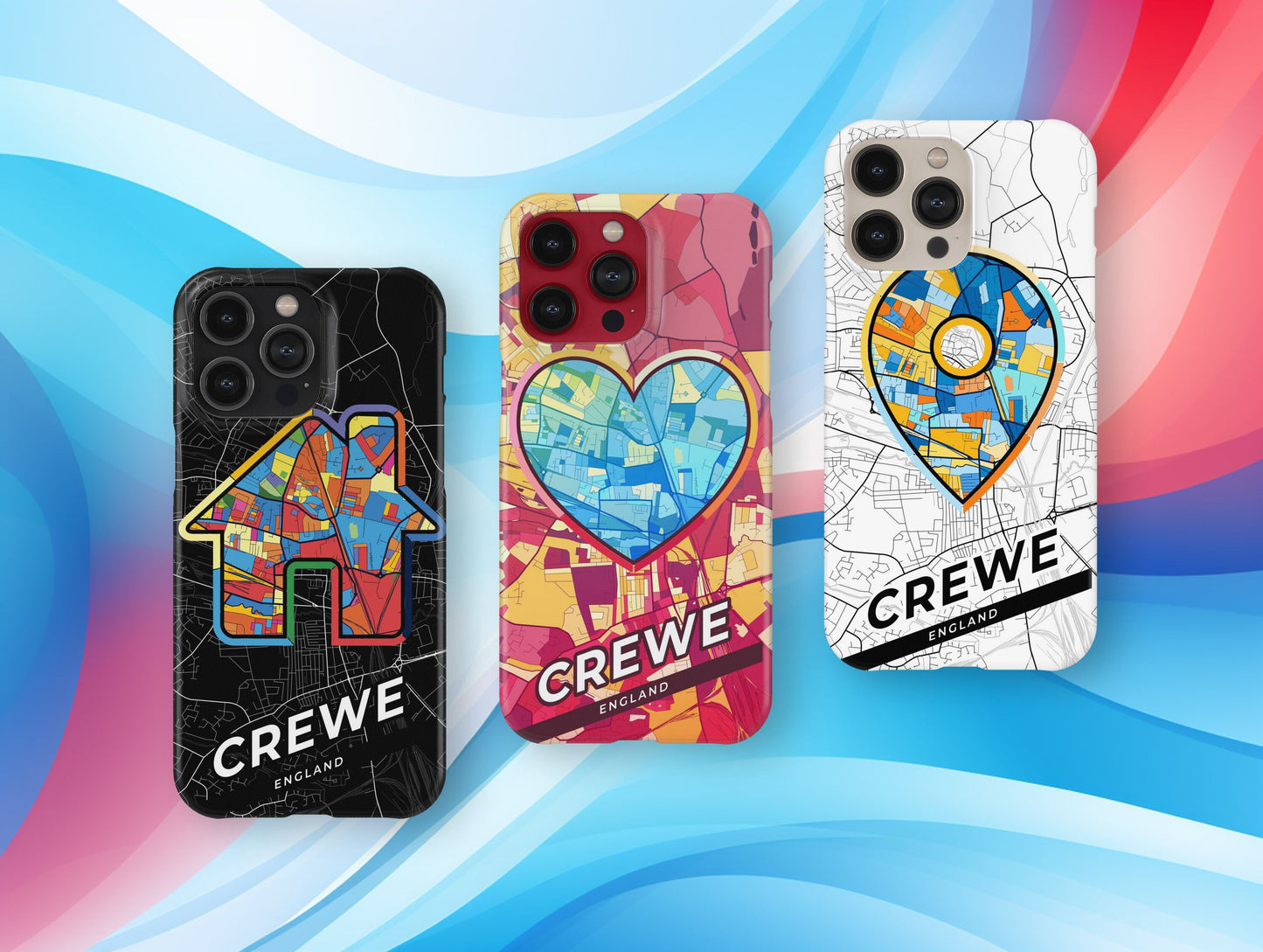 Crewe England slim phone case with colorful icon. Birthday, wedding or housewarming gift. Couple match cases.