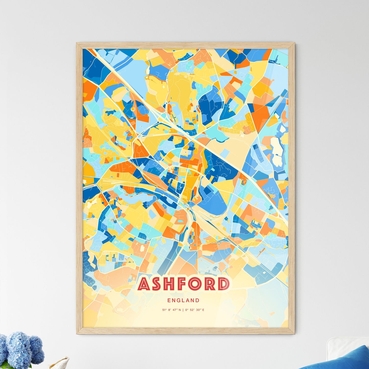 Colorful Ashford England Fine Art Map Blue Orange