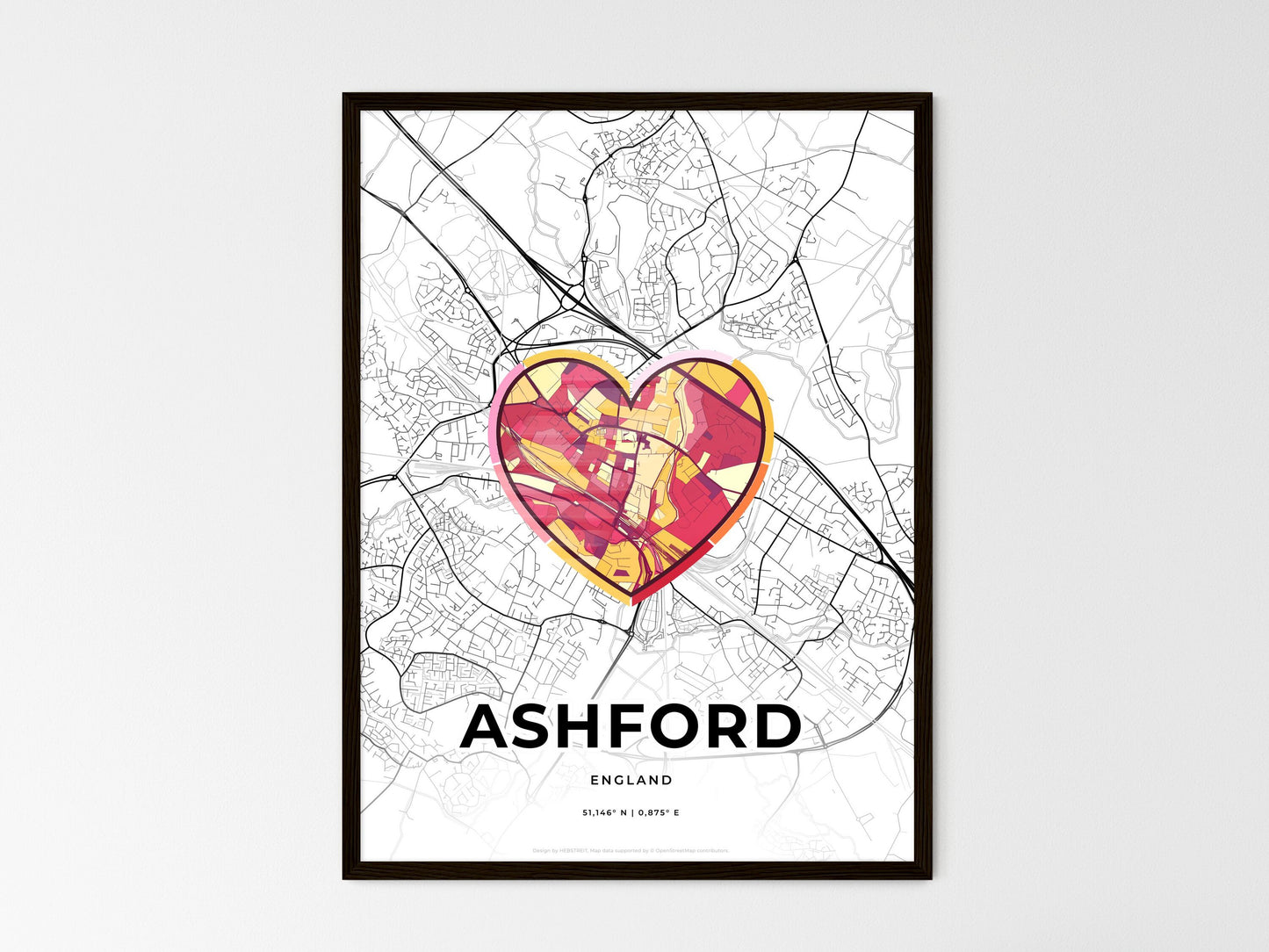 Ashford England wedding art map with heart icon