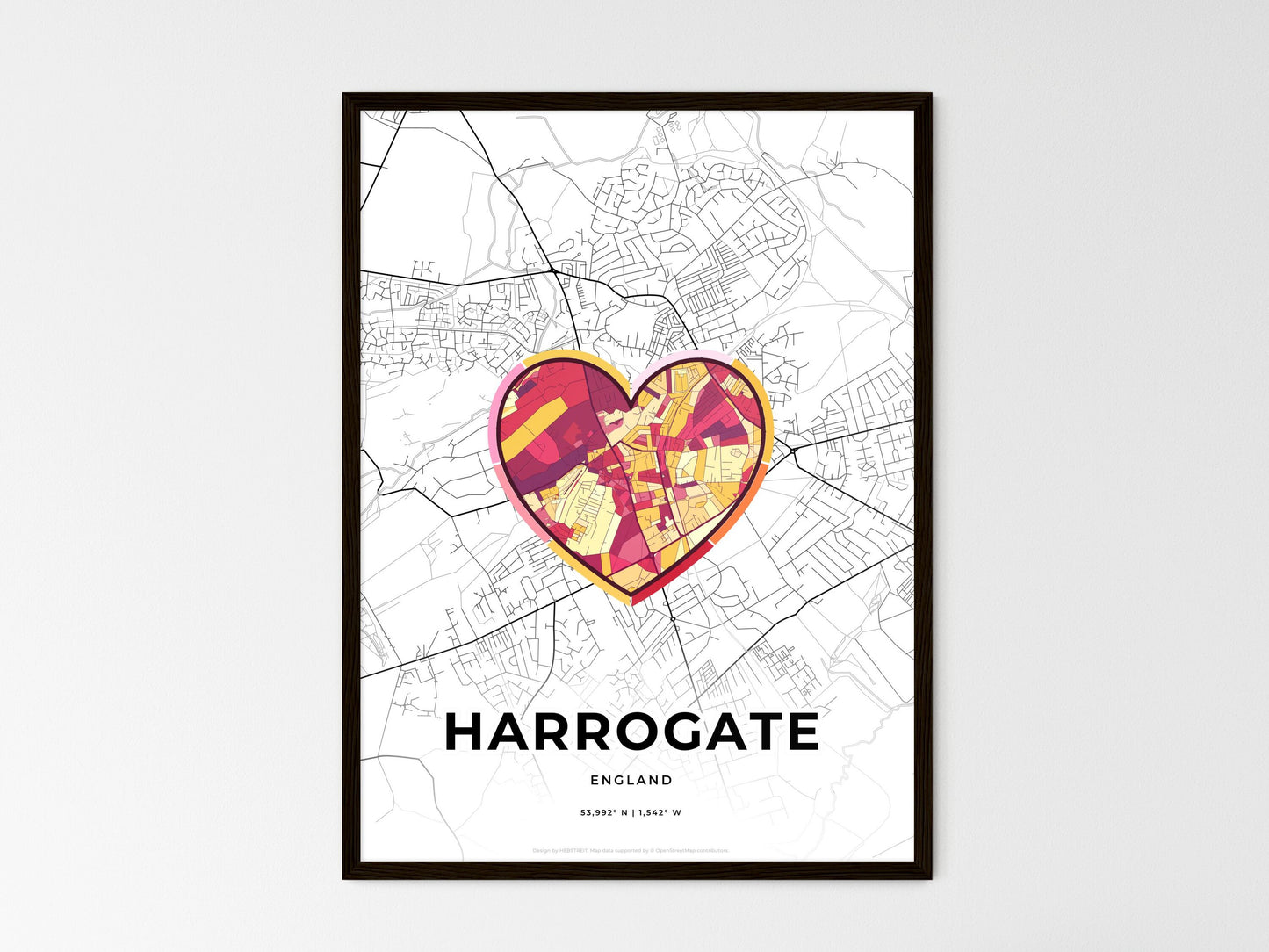 Harrogate England wedding art map with heart icon