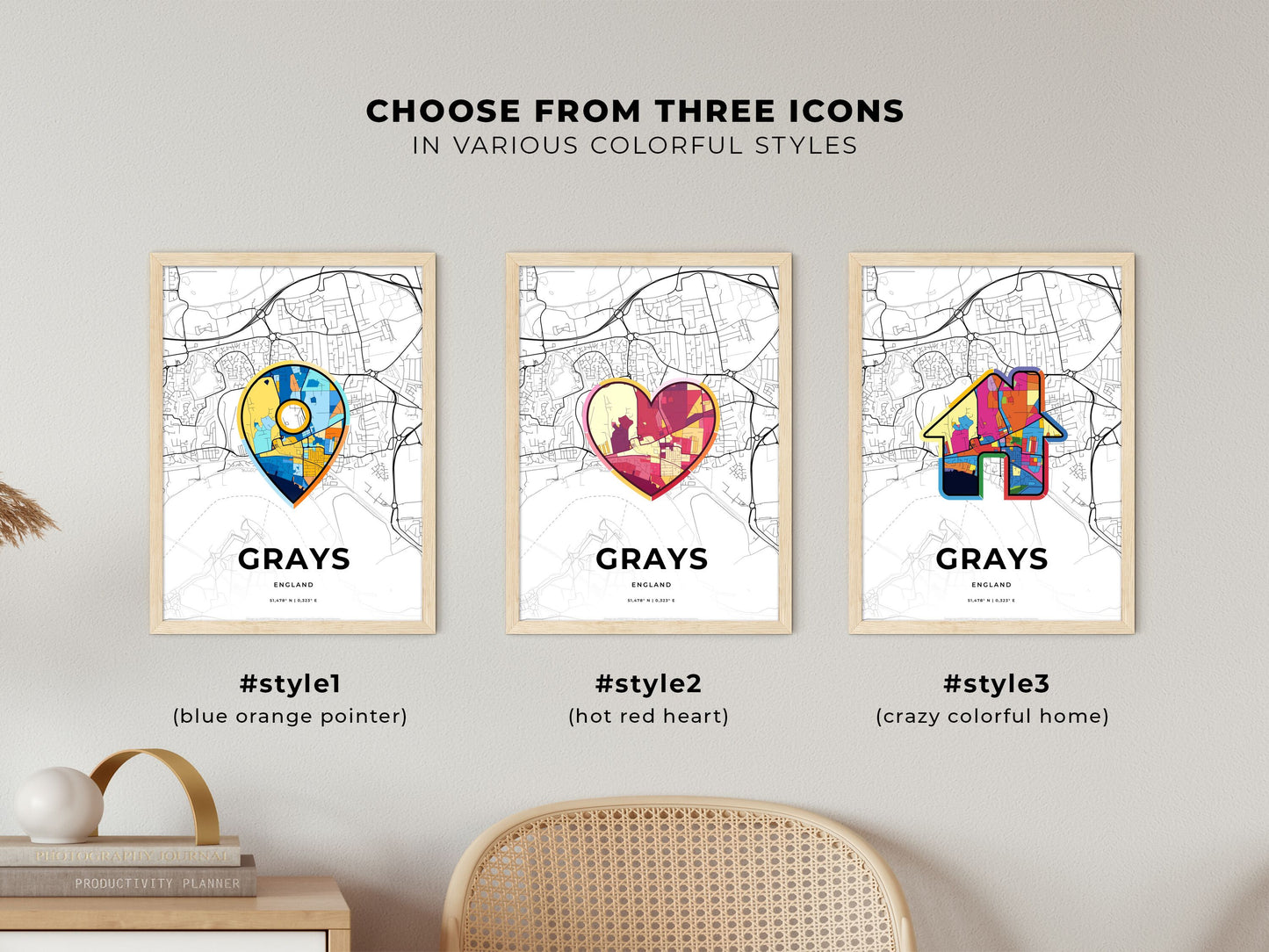 Grays England maps with colorful icons