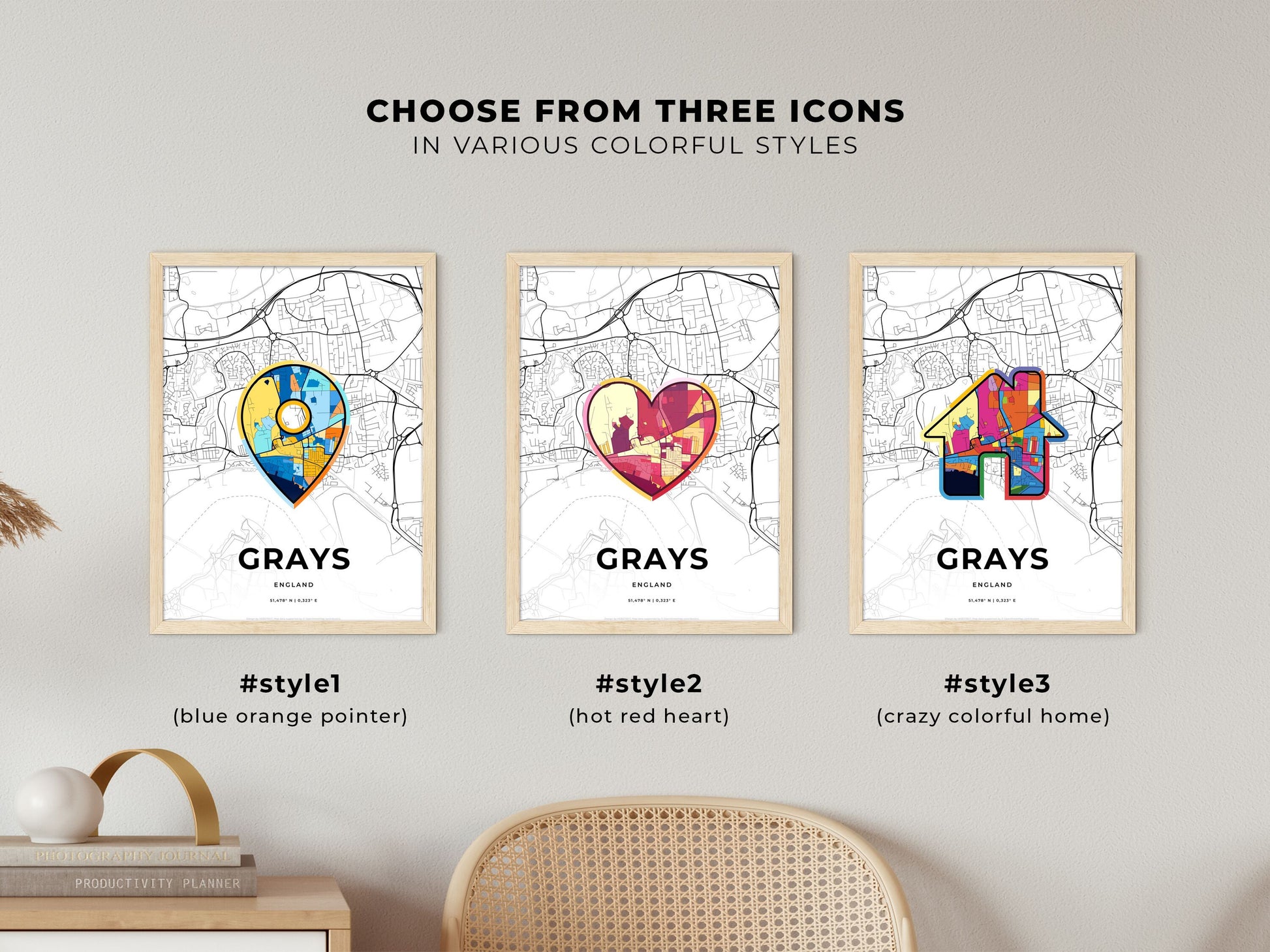 Grays England maps with colorful icons