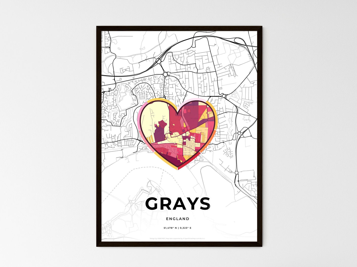 Grays England wedding art map with heart icon