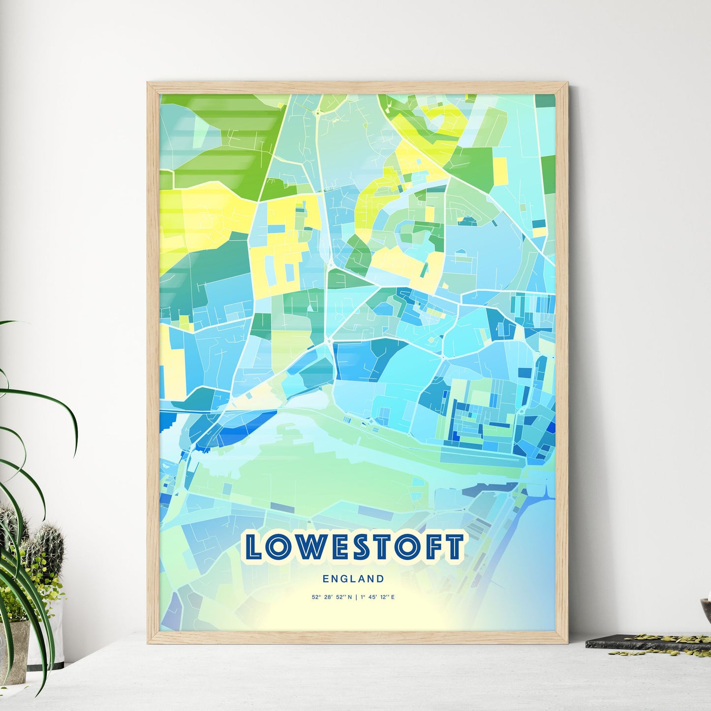 Colorful LOWESTOFT ENGLAND Fine Art Map Cool Blue