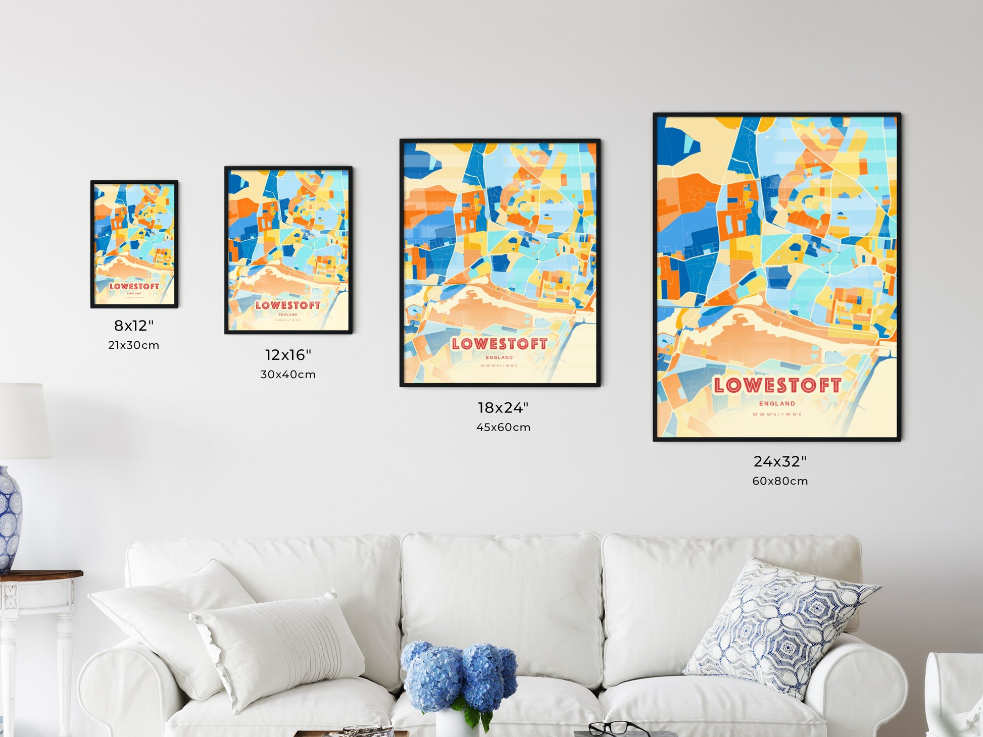 Colorful LOWESTOFT ENGLAND Fine Art Map Blue Orange