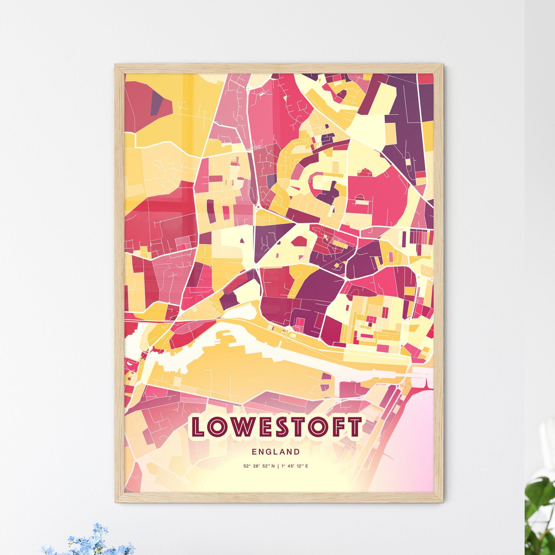 Colorful LOWESTOFT ENGLAND Fine Art Map Hot Red