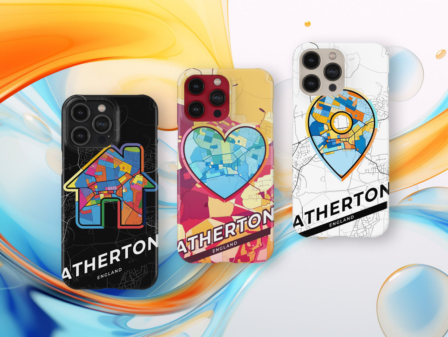 Atherton England slim phone case with colorful icon. Birthday, wedding or housewarming gift. Couple match cases.
