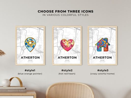 Atherton England maps with colorful icons