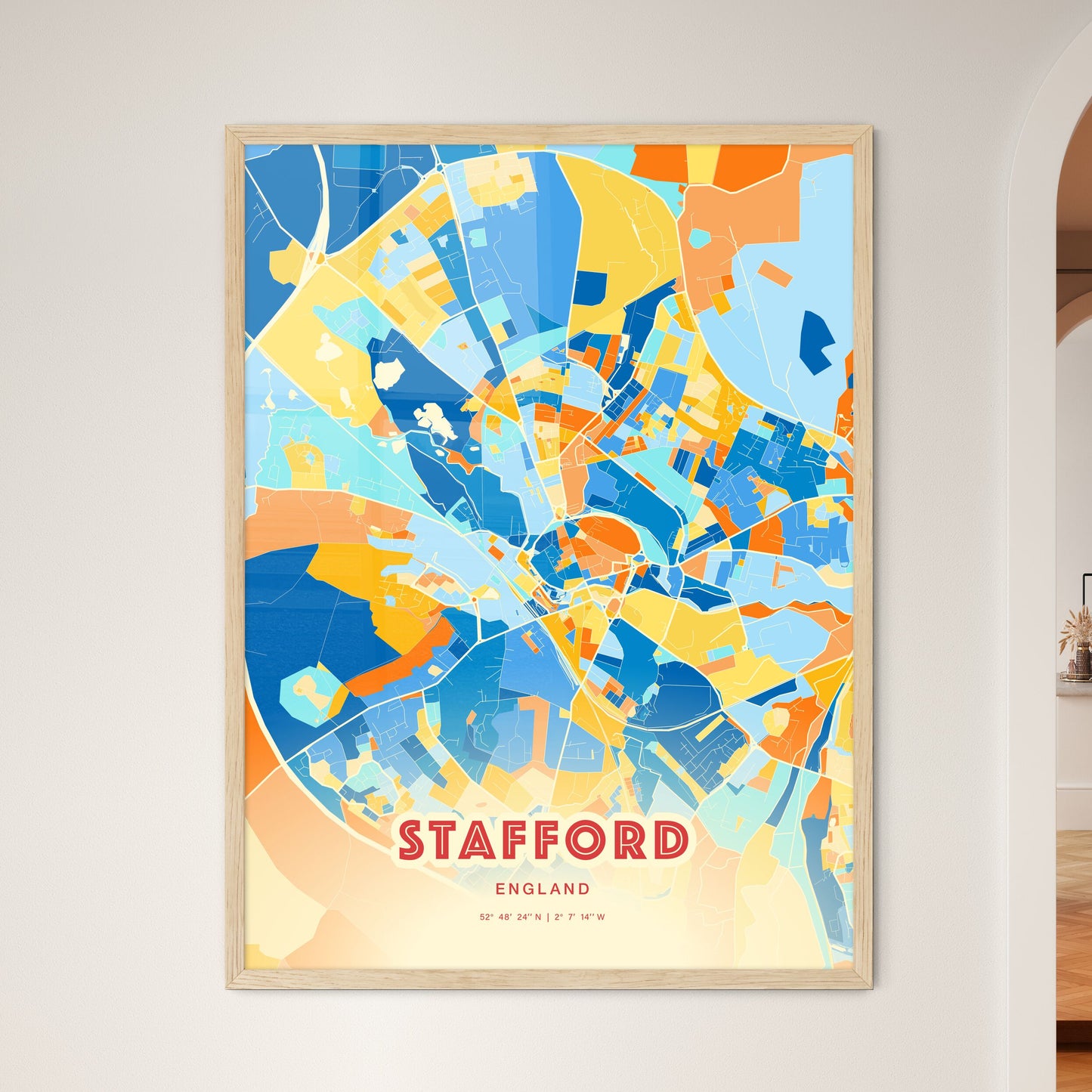 Colorful STAFFORD ENGLAND Fine Art Map Blue Orange