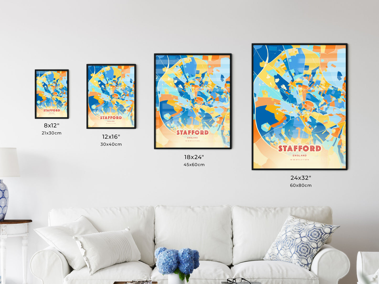 Colorful STAFFORD ENGLAND Fine Art Map Blue Orange