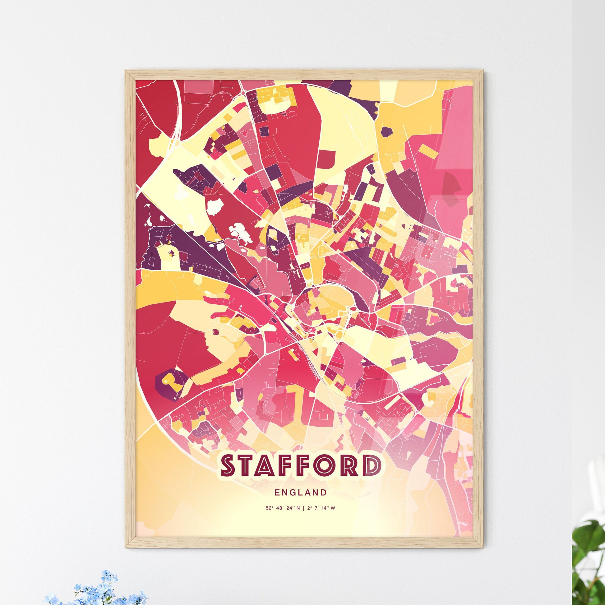 Colorful STAFFORD ENGLAND Fine Art Map Hot Red