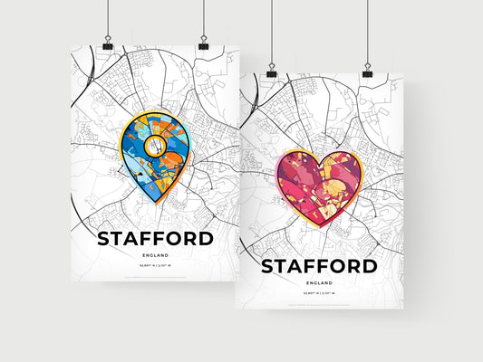 STAFFORD ENGLAND minimal art map with a colorful icon. Where it all began, Couple map gift.