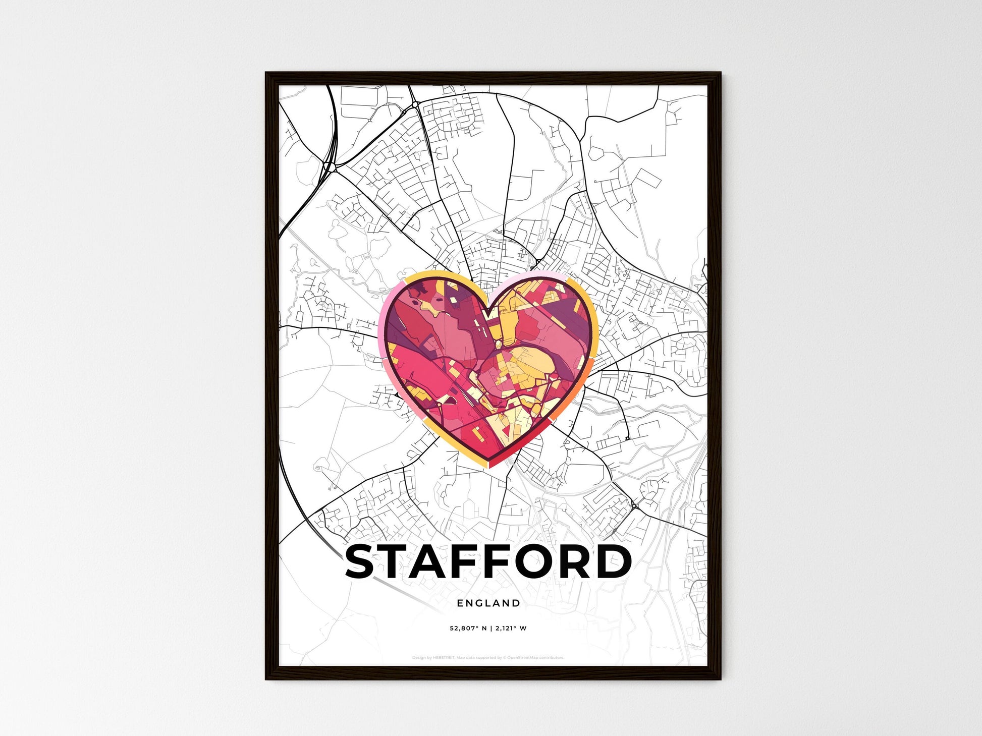 STAFFORD ENGLAND minimal art map with a colorful icon. Where it all began, Couple map gift. Style 2