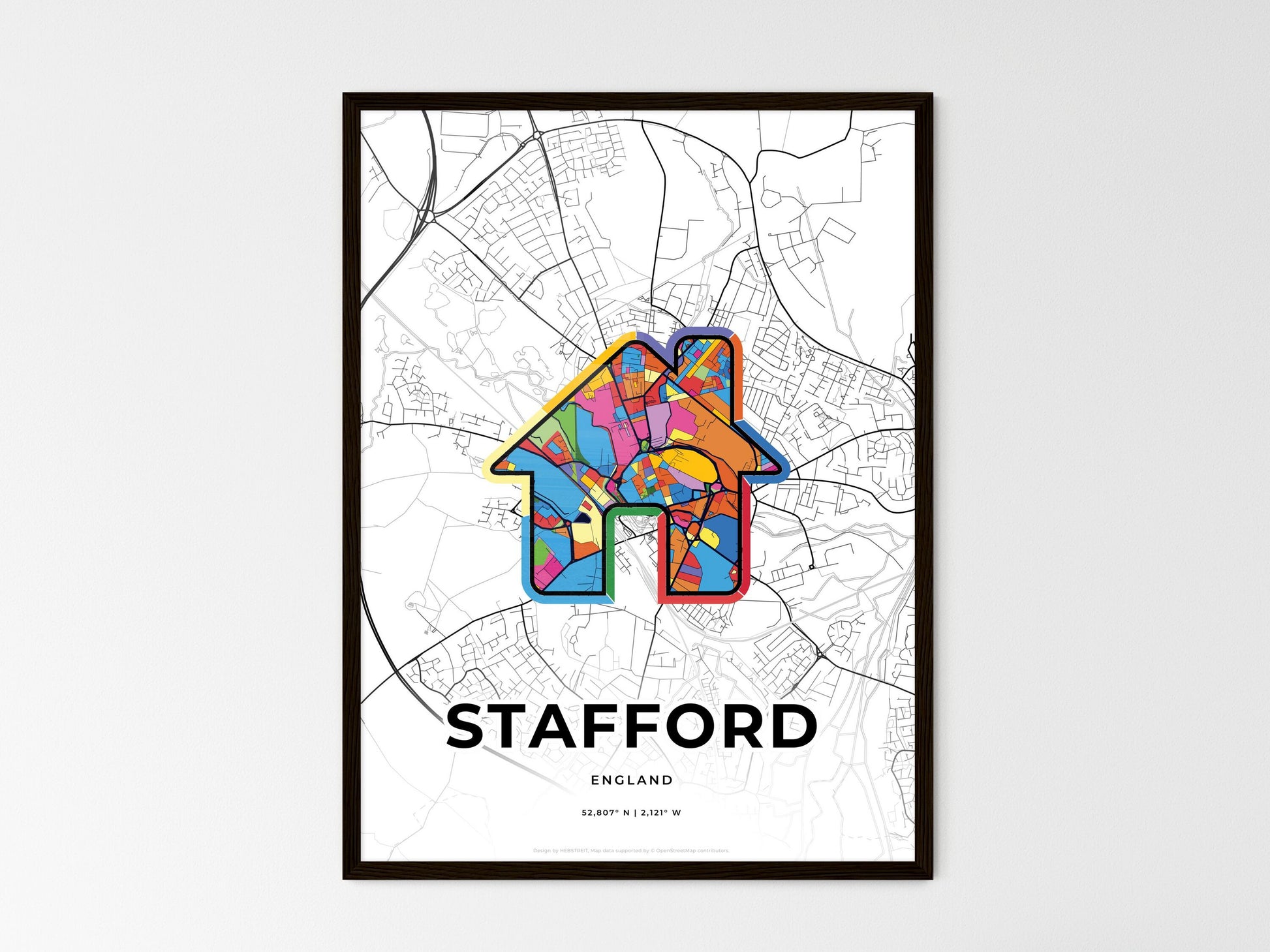 STAFFORD ENGLAND minimal art map with a colorful icon. Where it all began, Couple map gift. Style 3