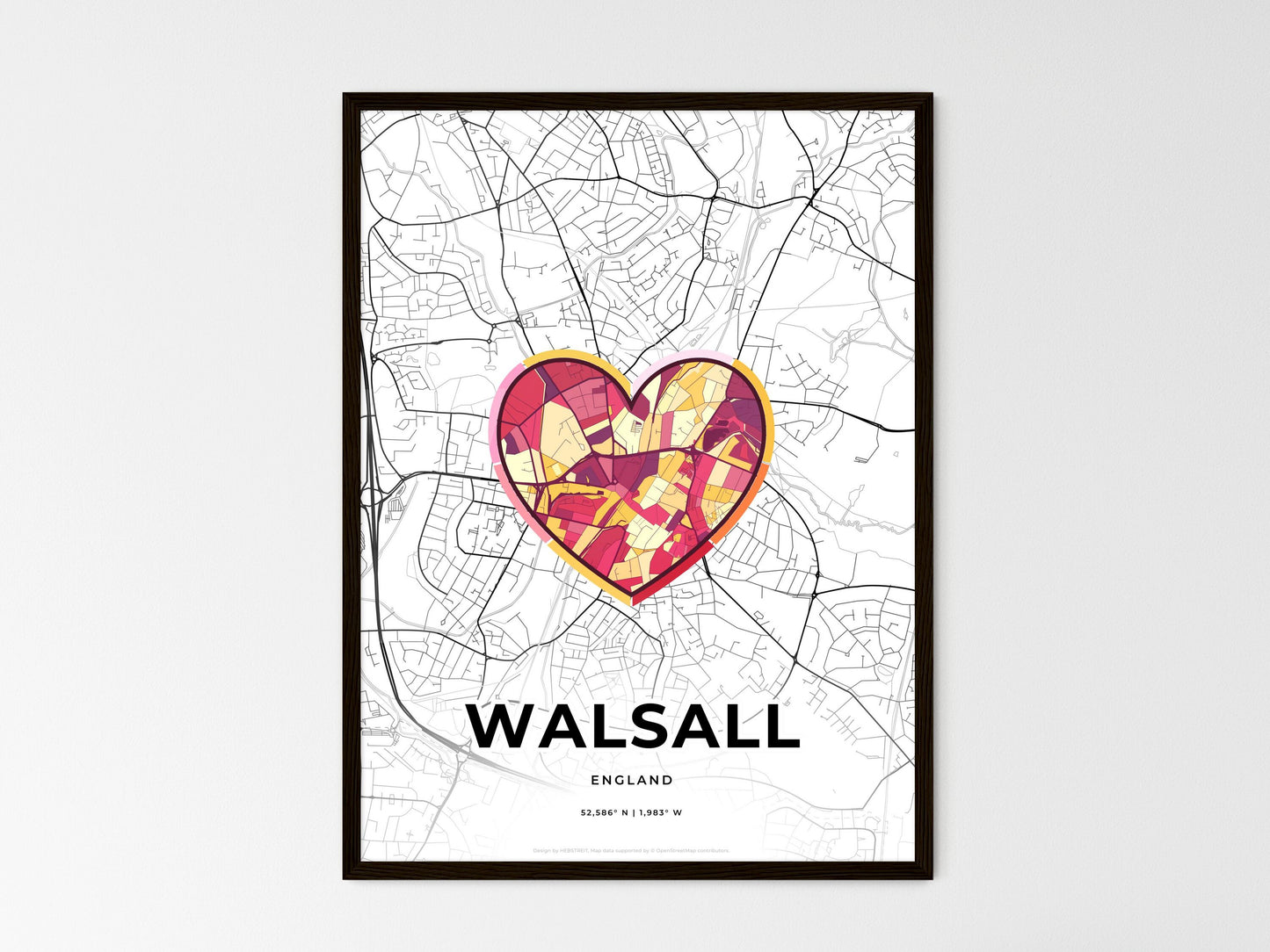 Walsall England wedding art map with heart icon