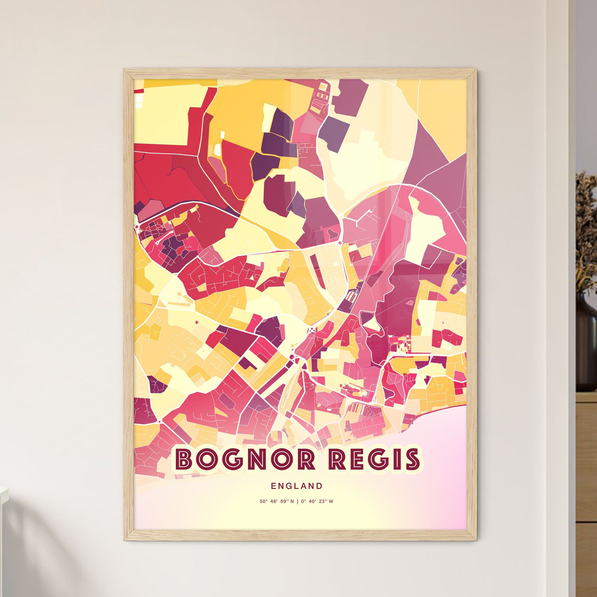 Colorful BOGNOR REGIS ENGLAND Fine Art Map Hot Red