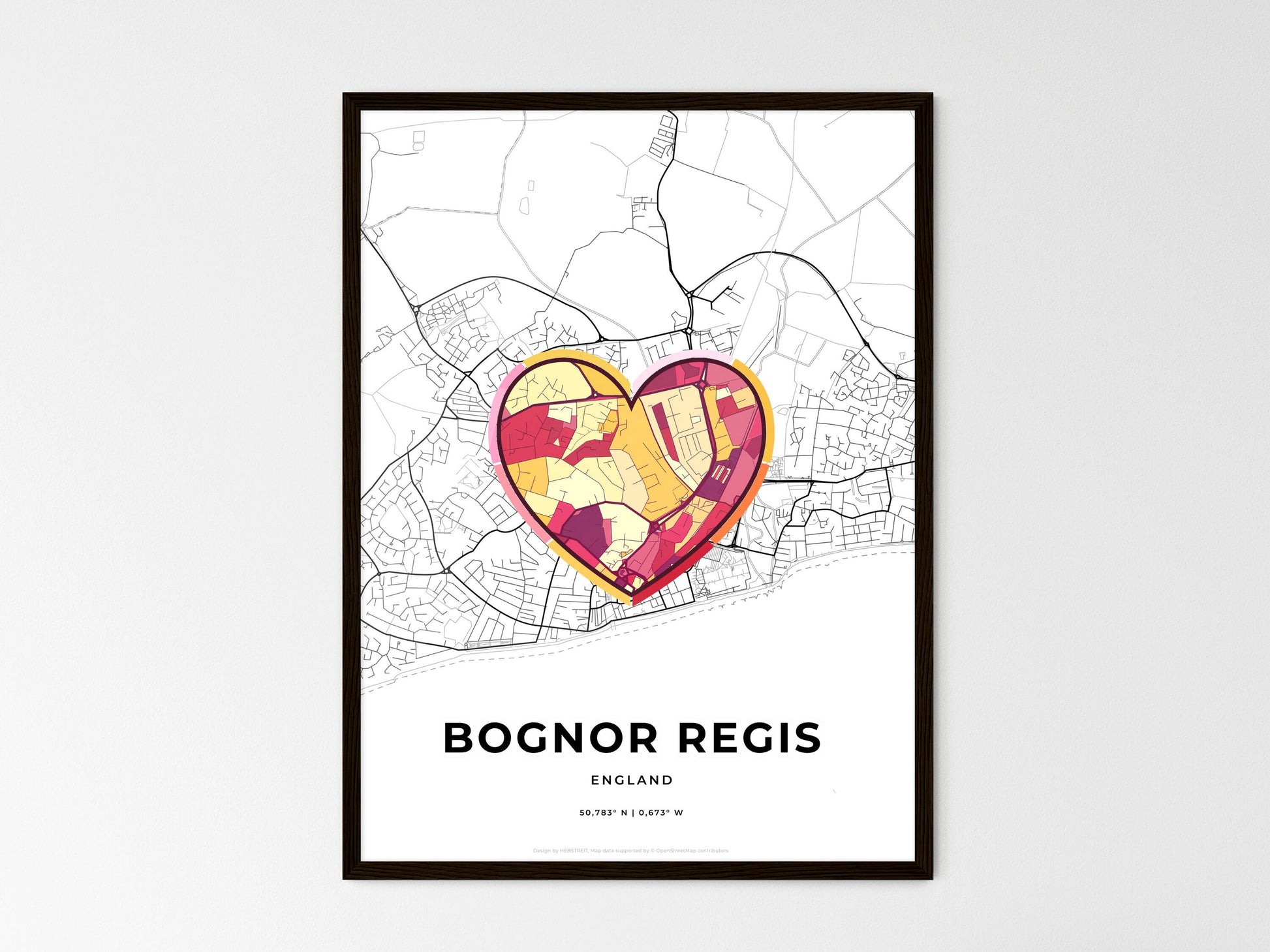 Bognor Regis England wedding art map with heart icon