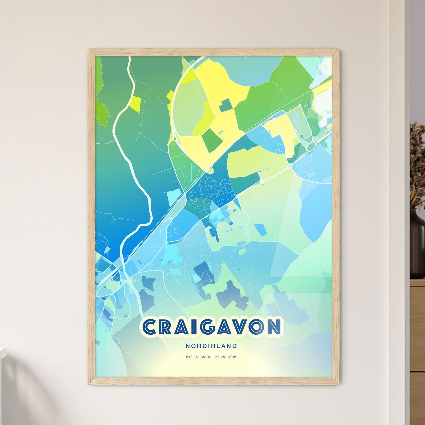 Colorful CRAIGAVON NORTHERN IRELAND Fine Art Map Cool Blue