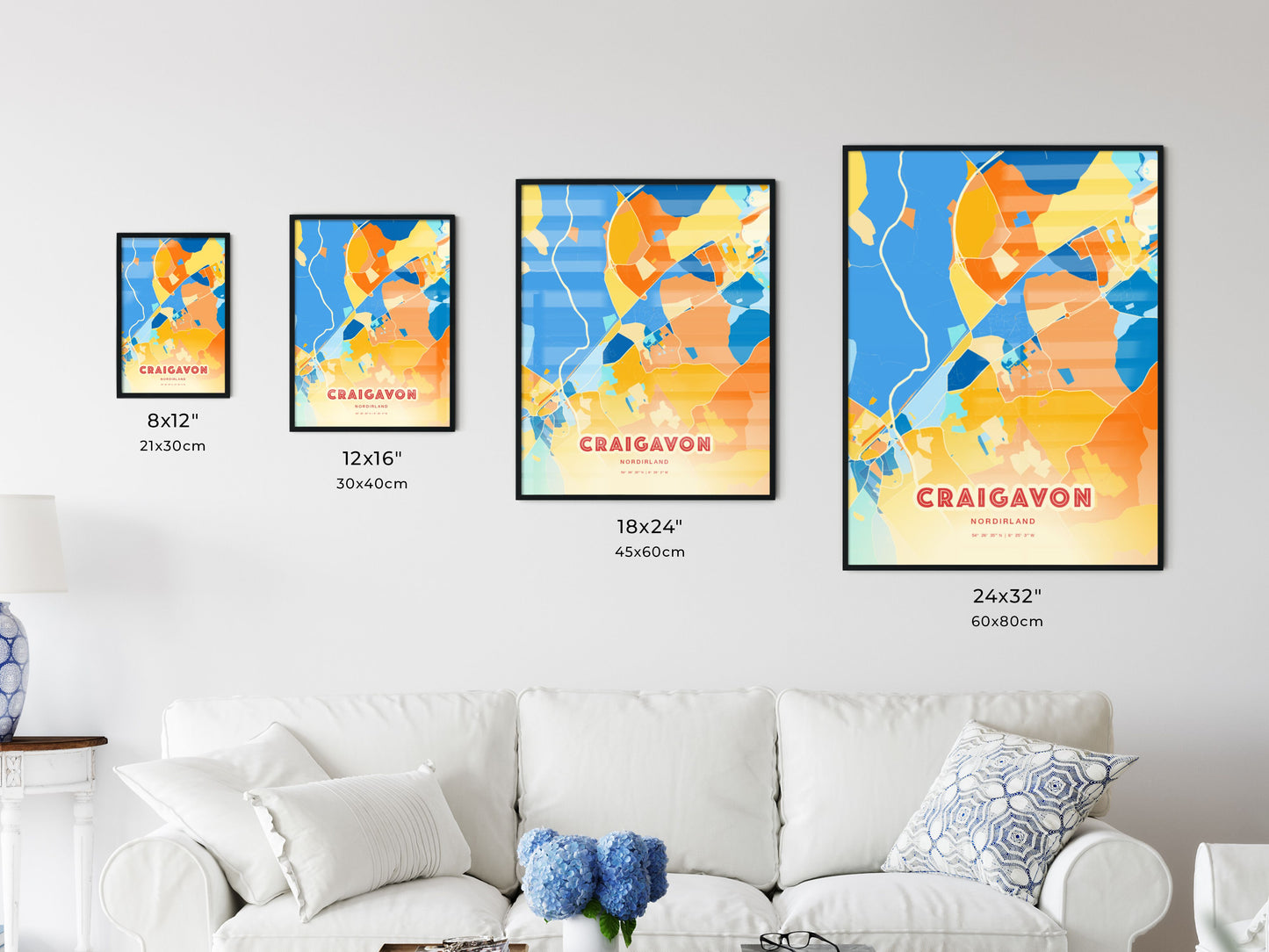 Colorful CRAIGAVON NORTHERN IRELAND Fine Art Map Blue Orange