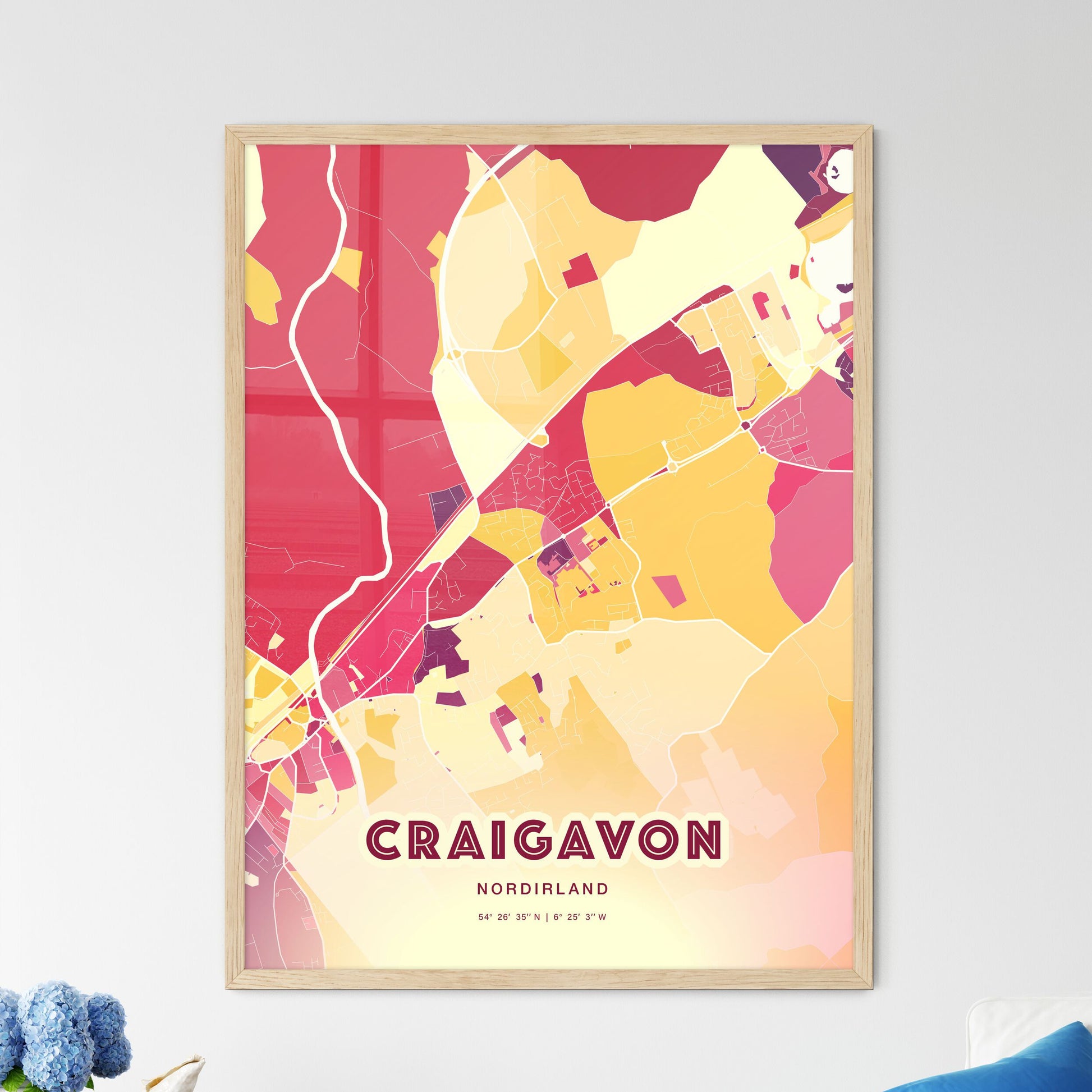 Colorful CRAIGAVON NORTHERN IRELAND Fine Art Map Hot Red