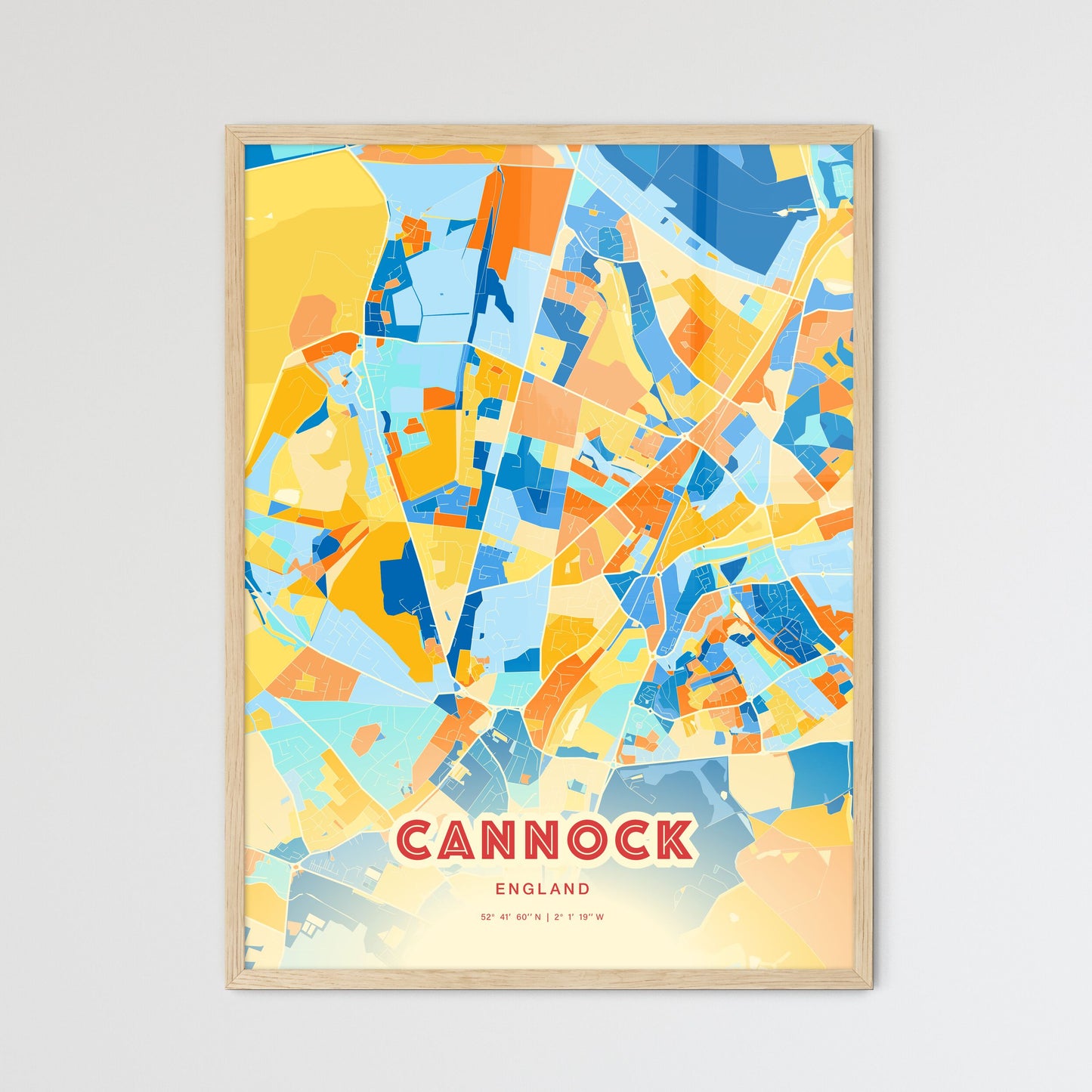 Colorful CANNOCK ENGLAND Fine Art Map Blue Orange