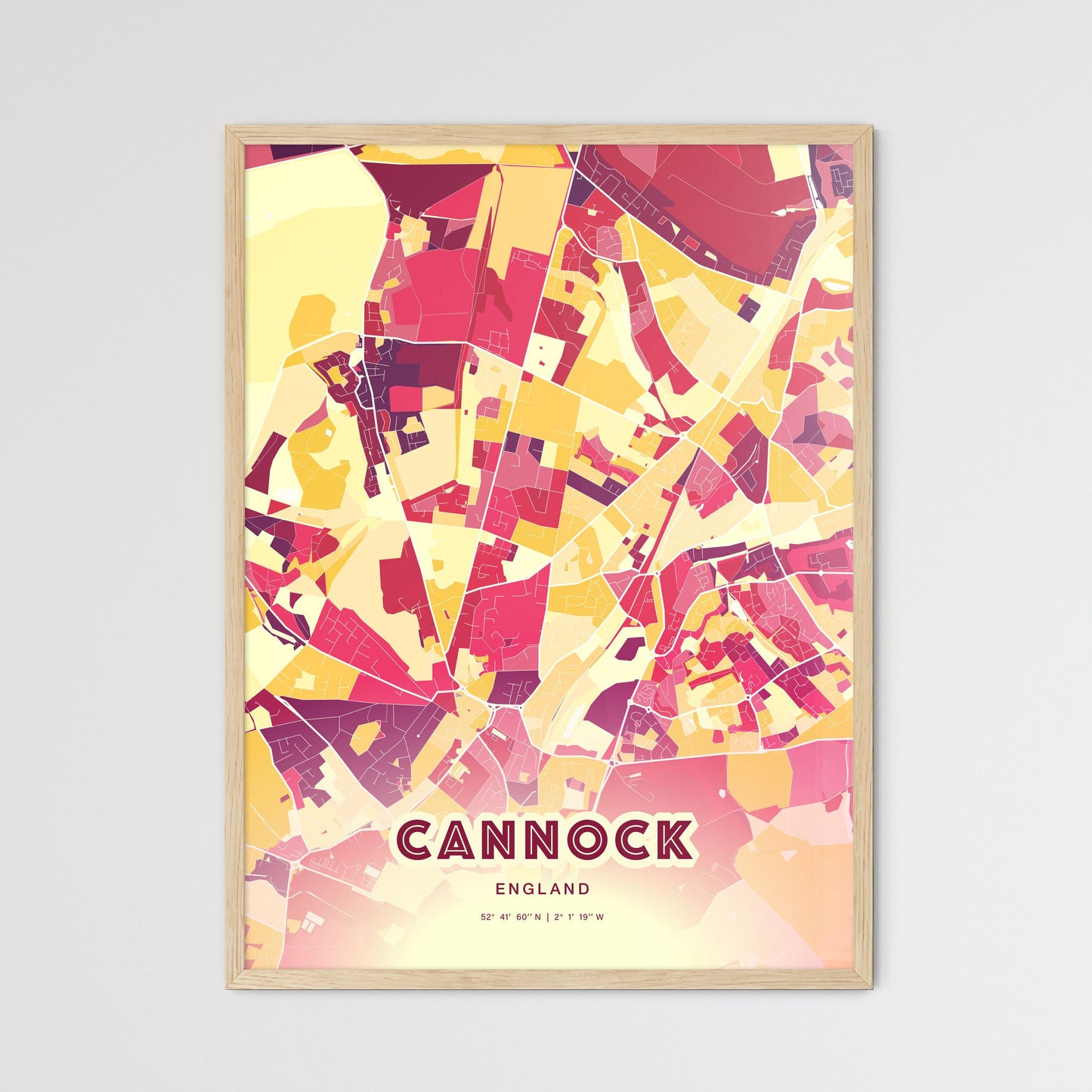 Colorful CANNOCK ENGLAND Fine Art Map Hot Red