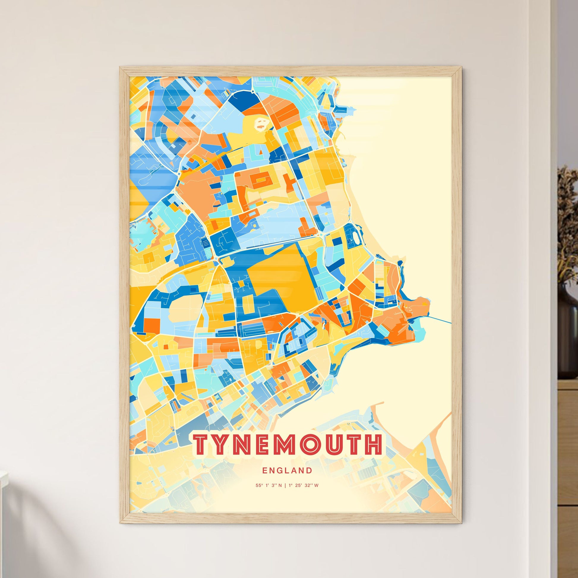 Colorful Tynemouth England Fine Art Map Blue Orange