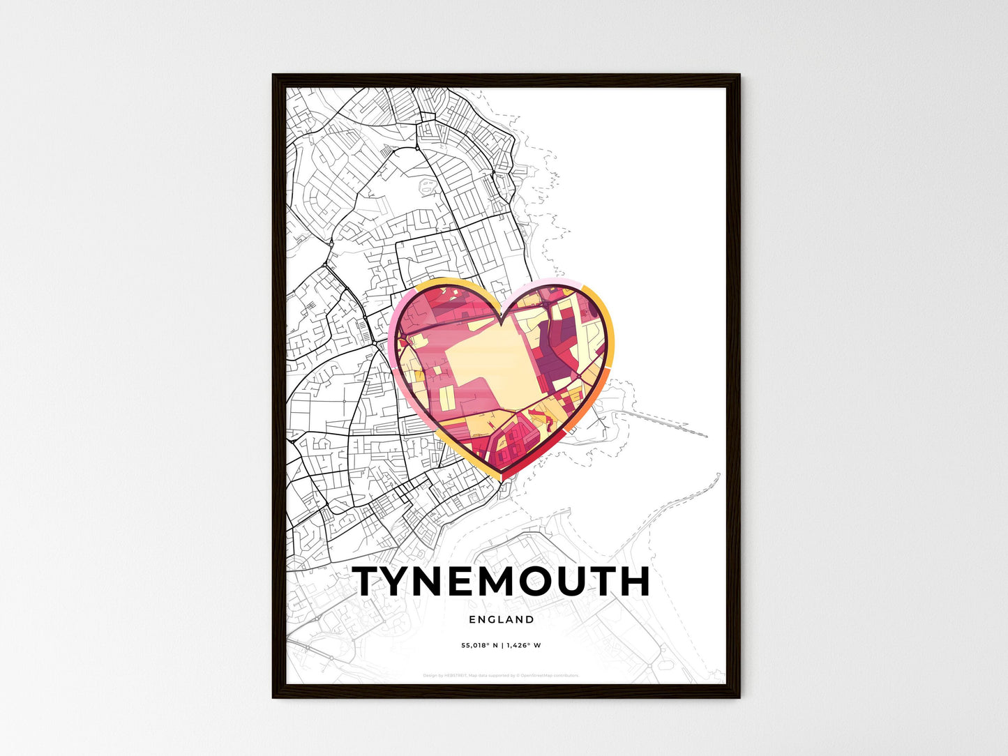 Tynemouth England wedding art map with heart icon