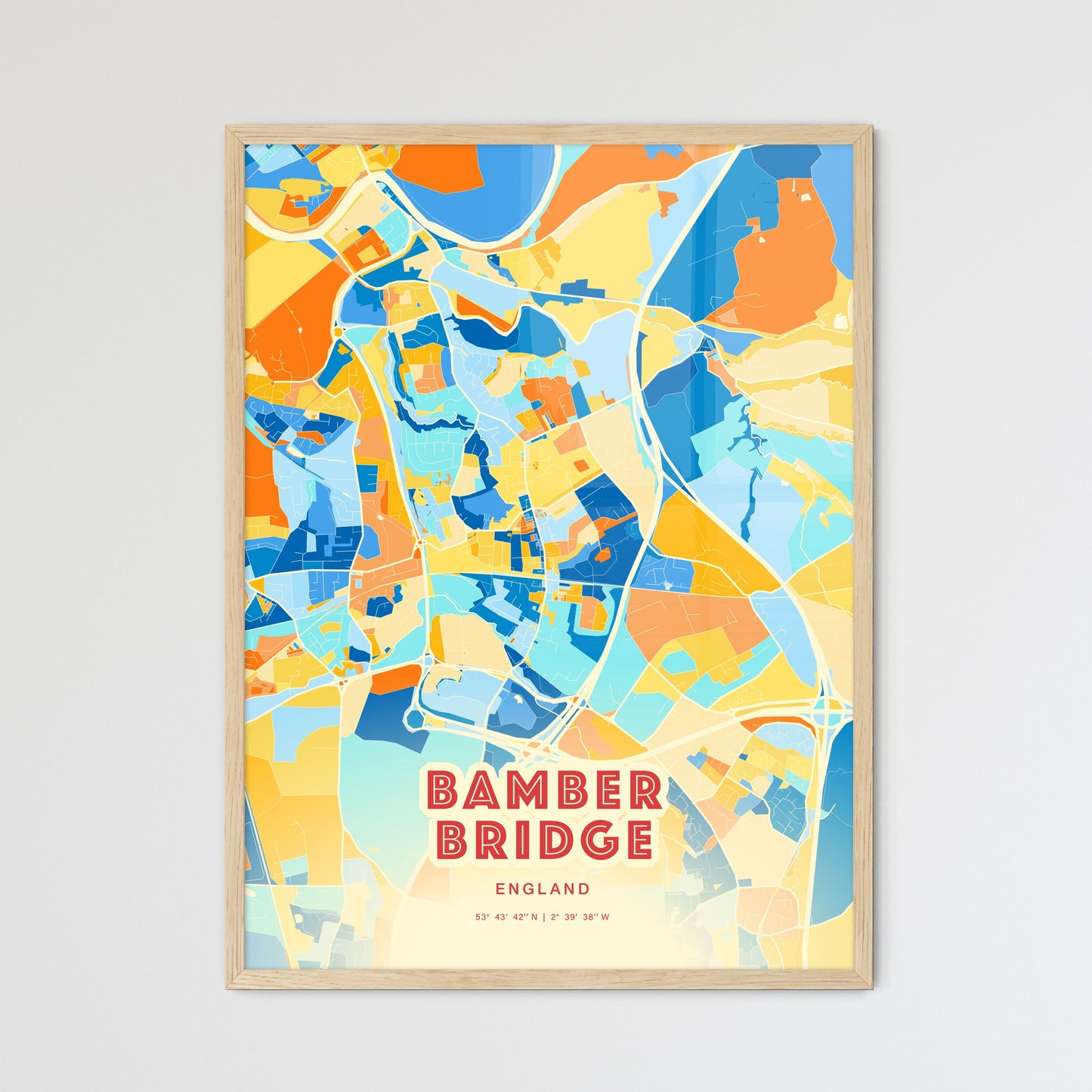 Colorful BAMBER BRIDGE ENGLAND Fine Art Map Blue Orange