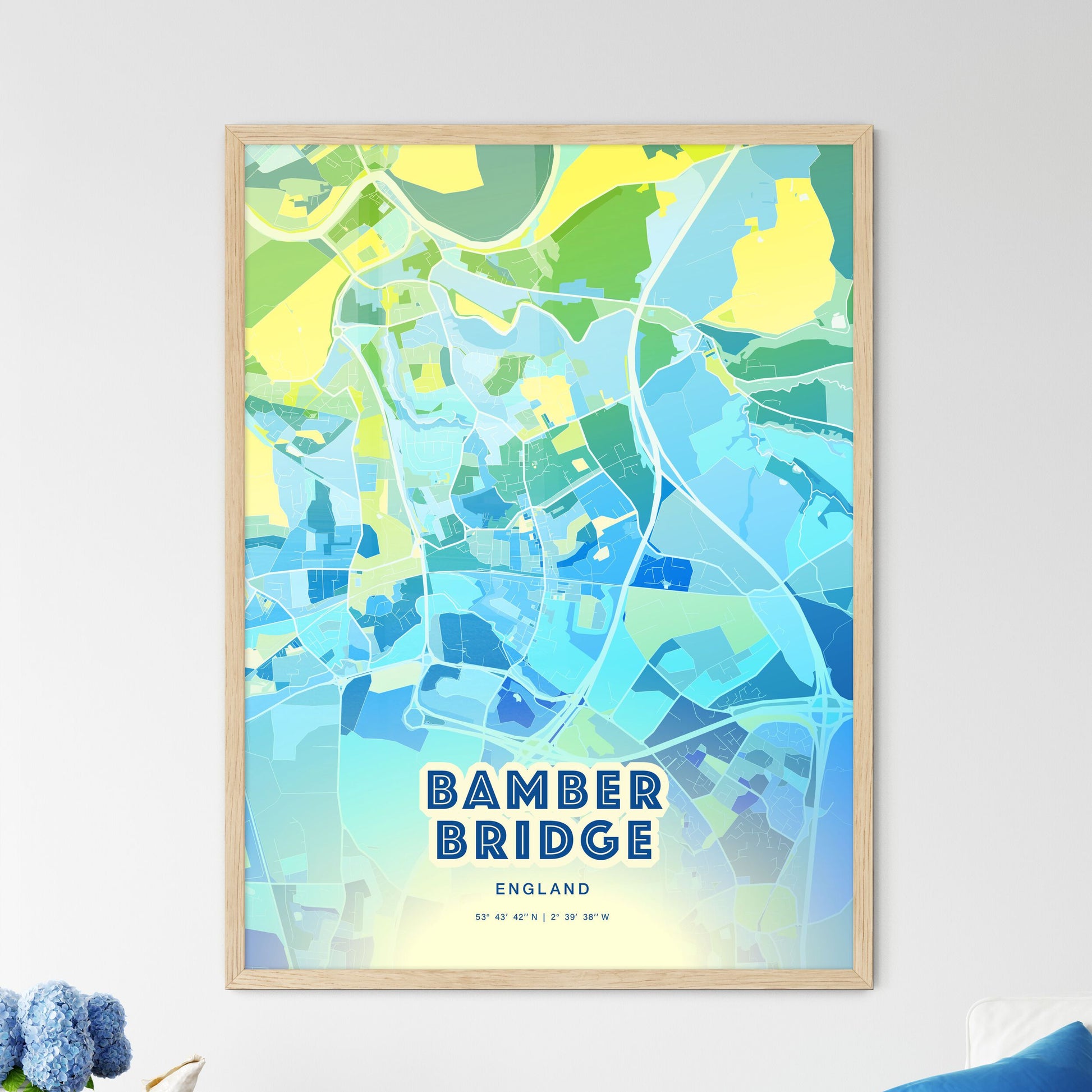 Colorful BAMBER BRIDGE ENGLAND Fine Art Map Cool Blue