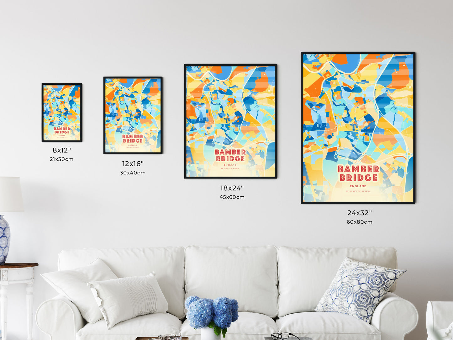 Colorful BAMBER BRIDGE ENGLAND Fine Art Map Blue Orange