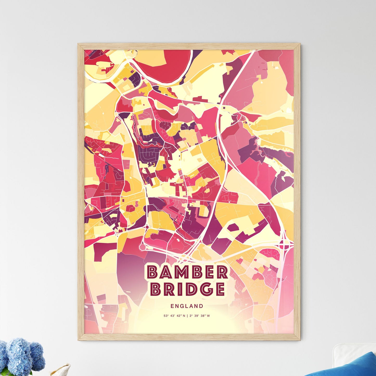 Colorful BAMBER BRIDGE ENGLAND Fine Art Map Hot Red