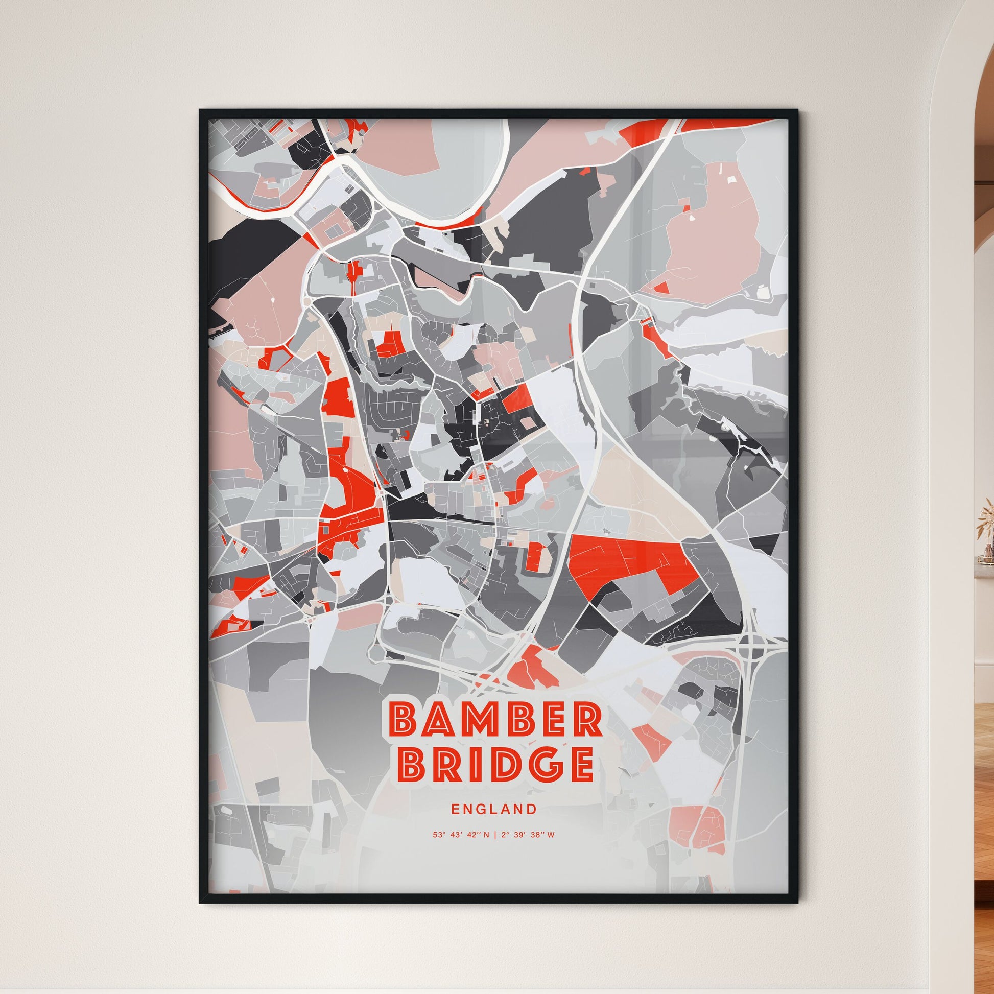 Colorful BAMBER BRIDGE ENGLAND Fine Art Map Modern