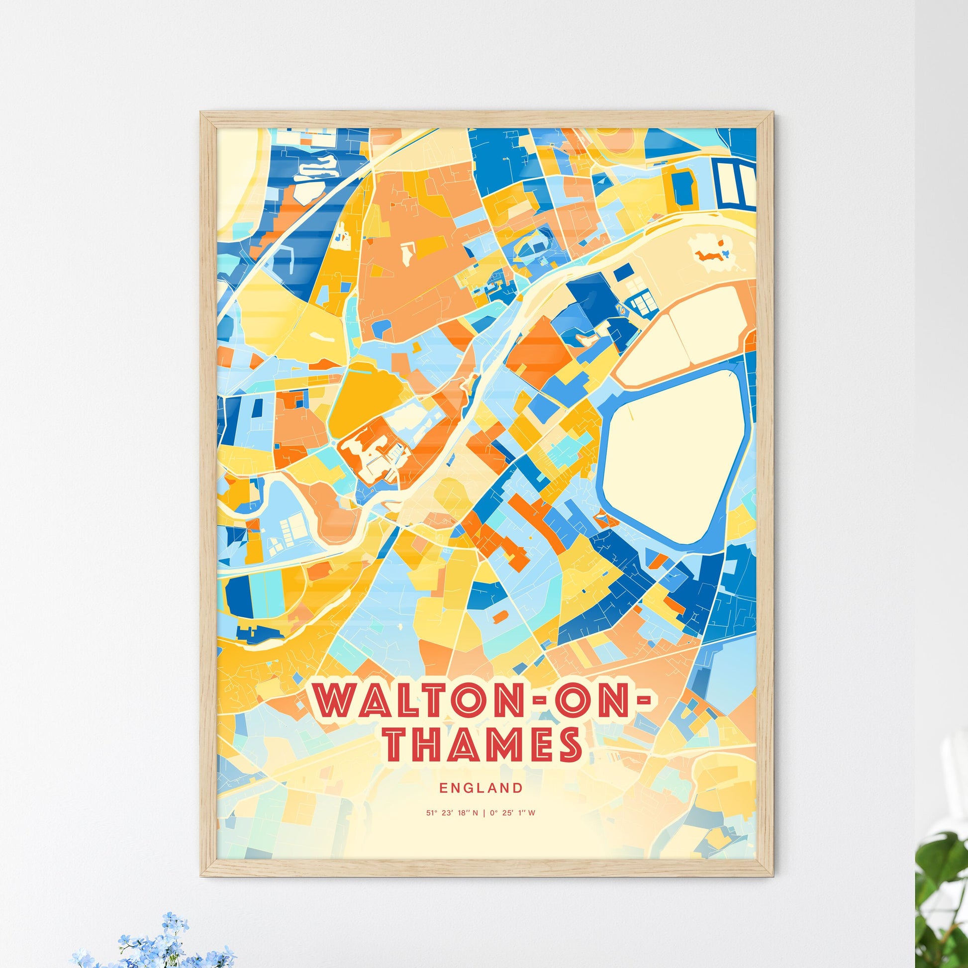 Colorful Walton-On-Thames England Fine Art Map Blue Orange