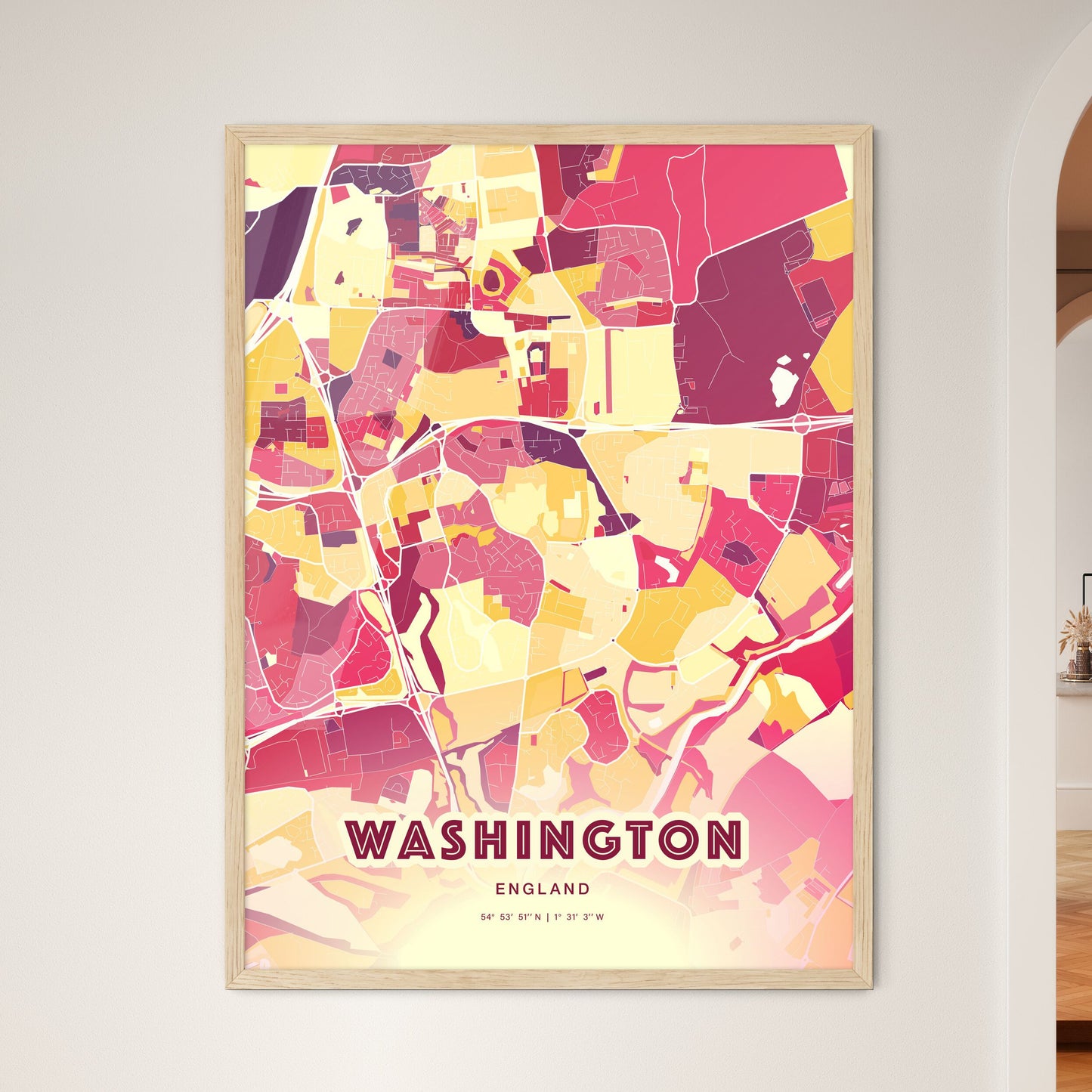 Colorful WASHINGTON ENGLAND Fine Art Map Hot Red