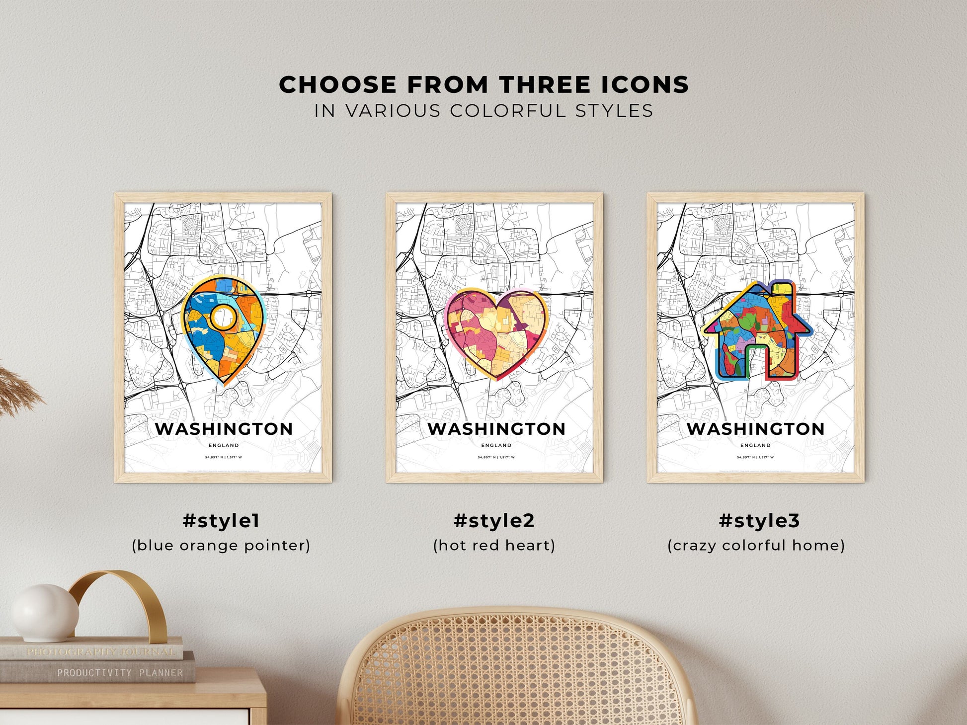 Washington England maps with colorful icons