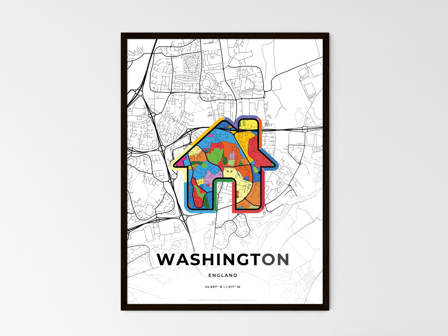 Washington England wedding art map with home icon
