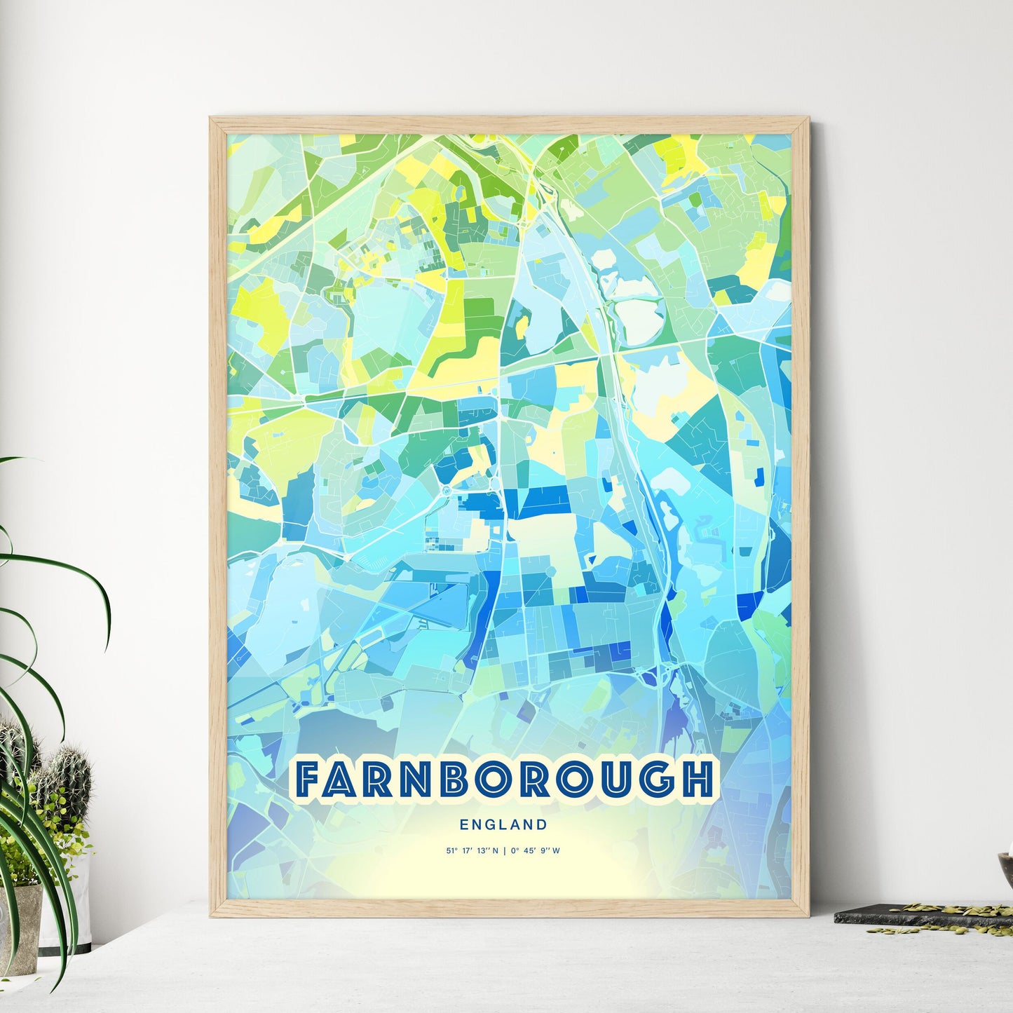 Colorful FARNBOROUGH ENGLAND Fine Art Map Cool Blue