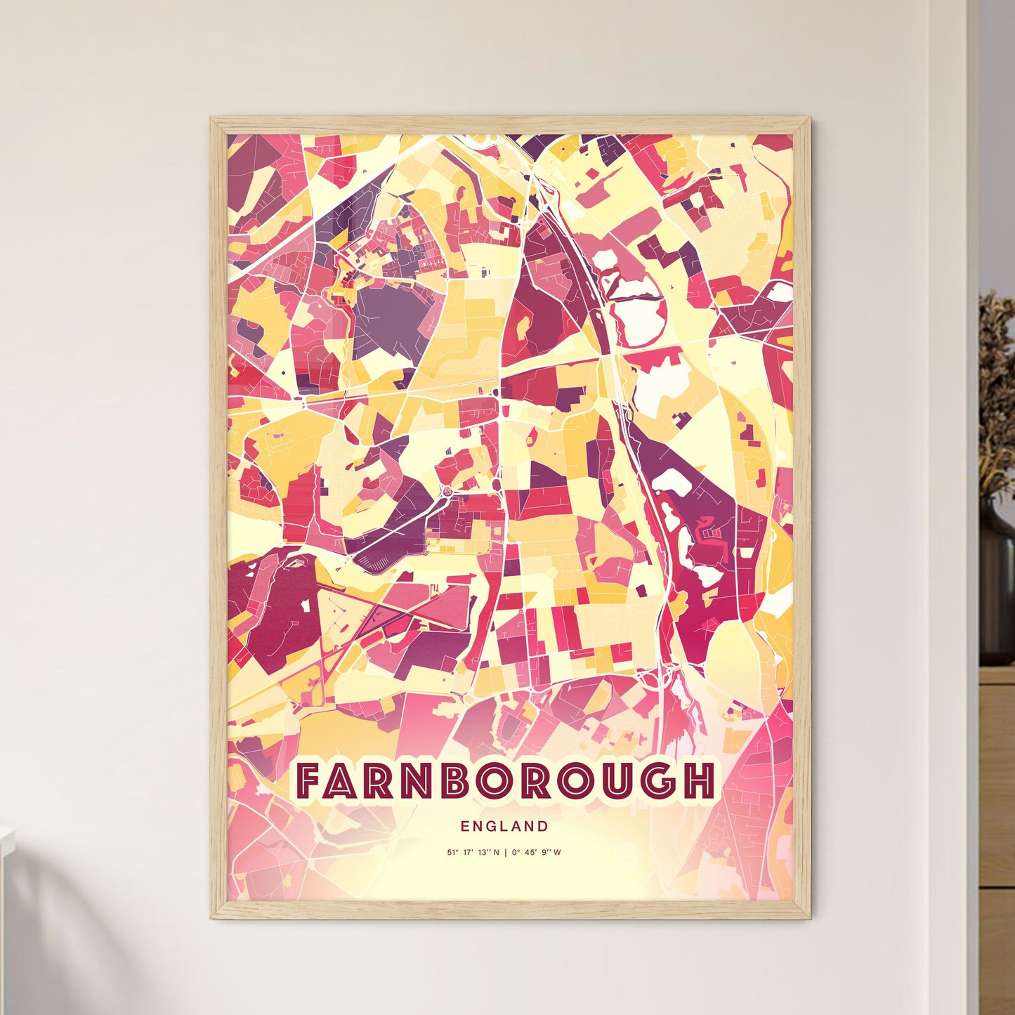 Colorful FARNBOROUGH ENGLAND Fine Art Map Hot Red