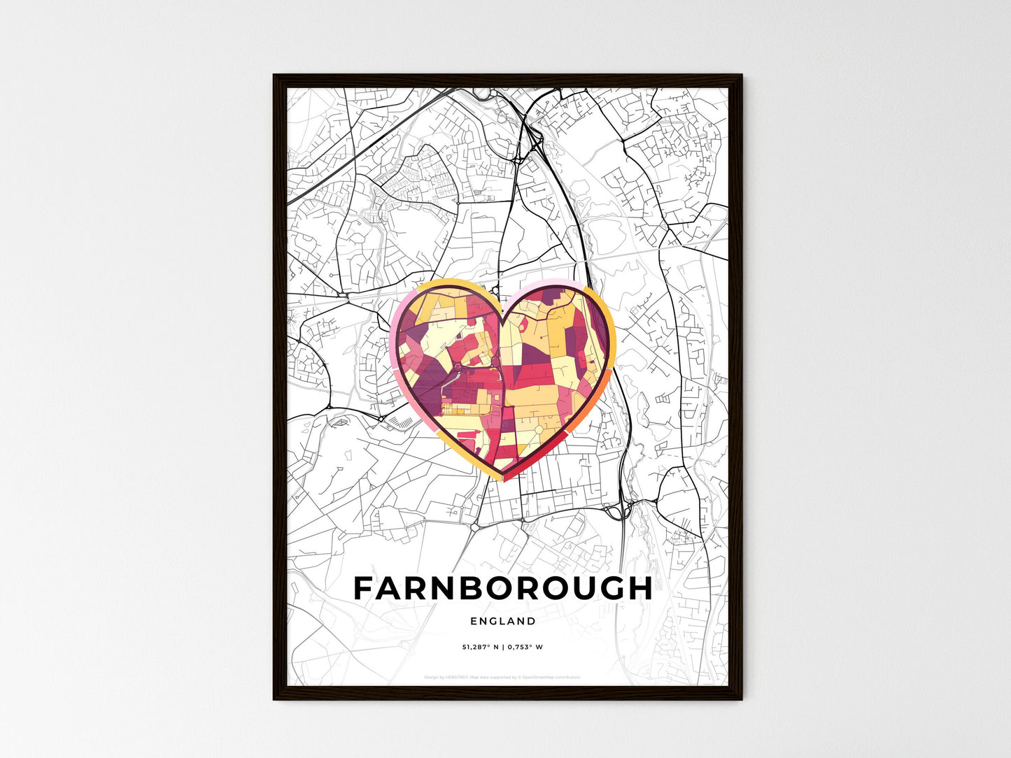 Farnborough England wedding art map with heart icon