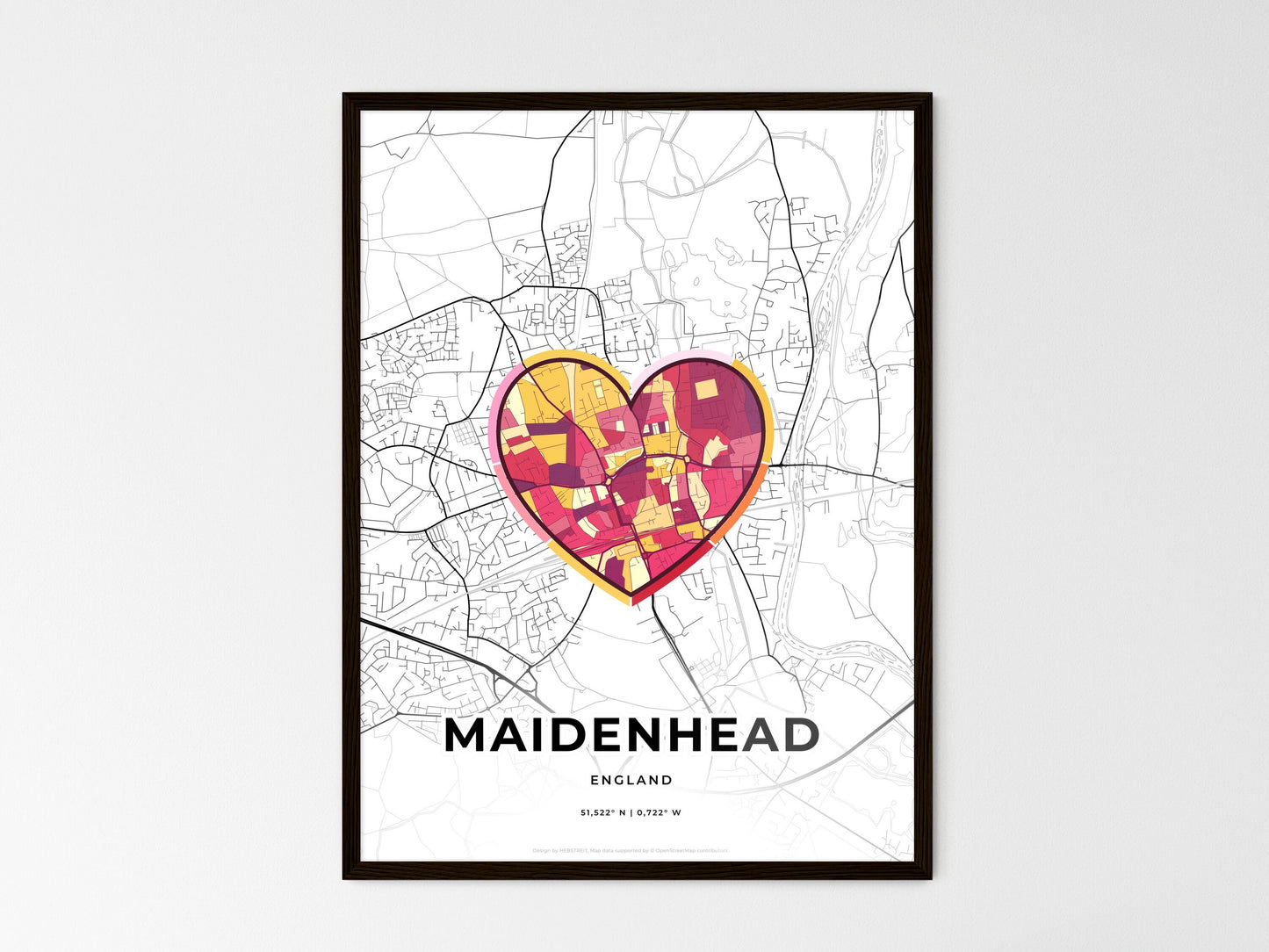 Maidenhead England wedding art map with heart icon