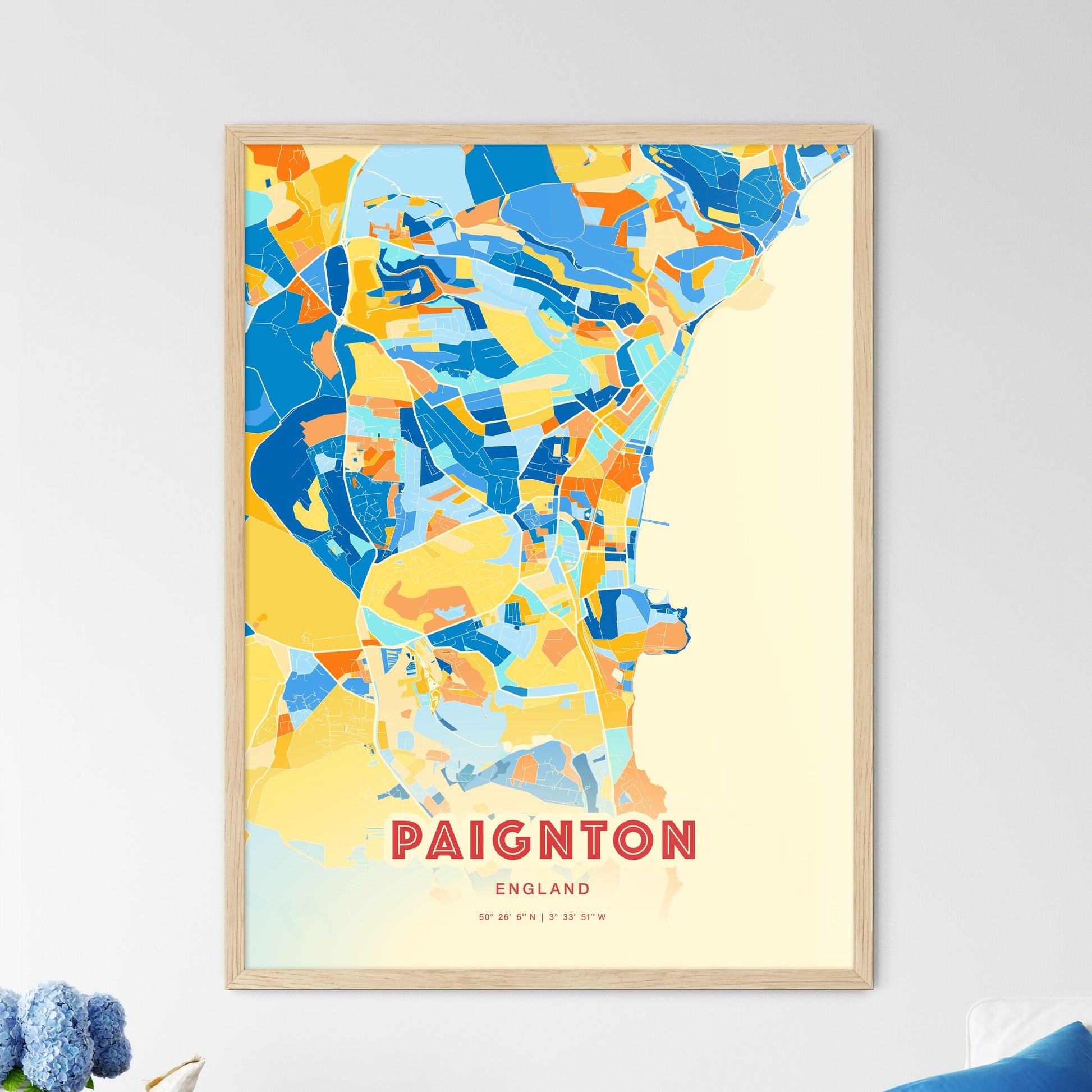 Colorful Paignton England Fine Art Map Blue Orange