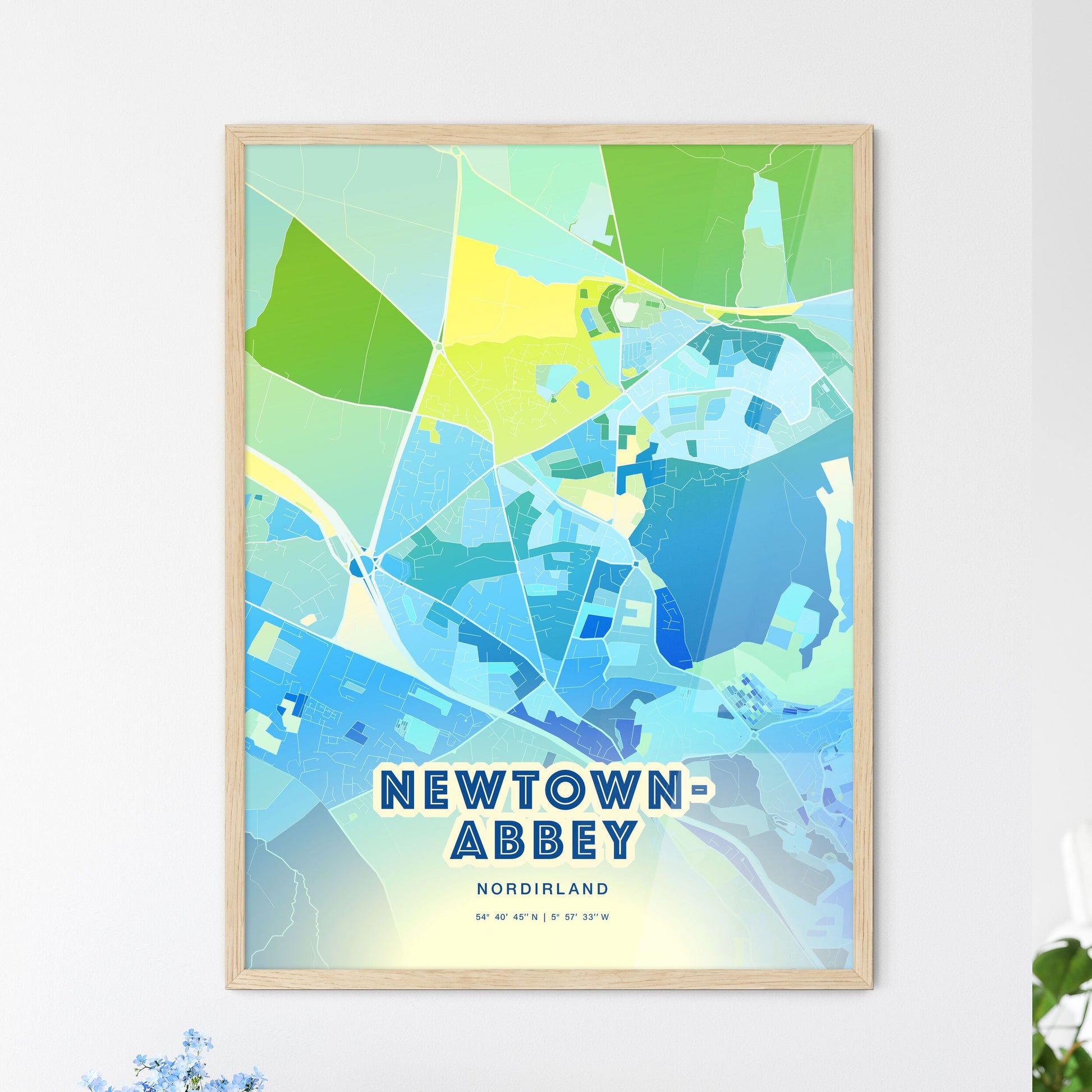 Colorful NEWTOWNABBEY NORTHERN IRELAND Fine Art Map Cool Blue