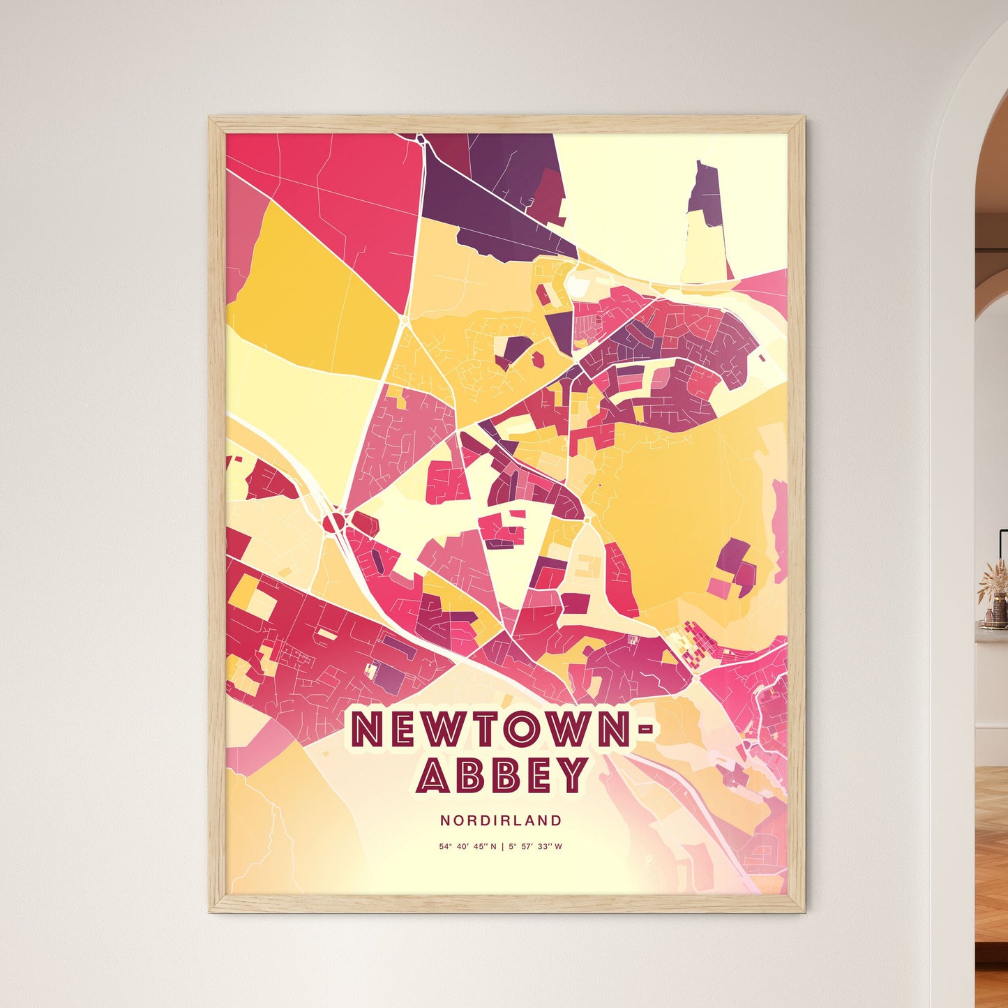 Colorful NEWTOWNABBEY NORTHERN IRELAND Fine Art Map Hot Red