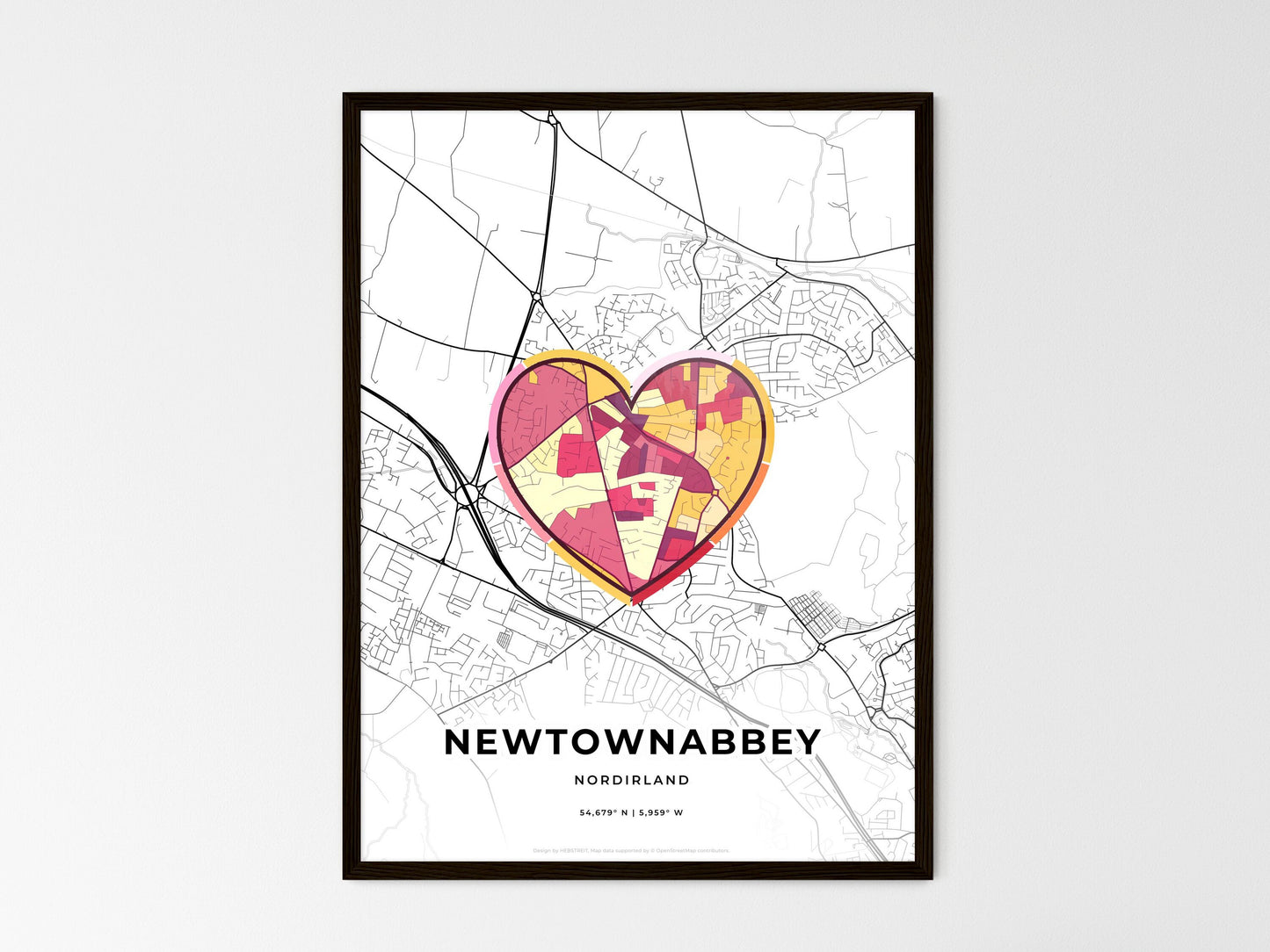 Newtownabbey Northern Ireland wedding art map with heart icon