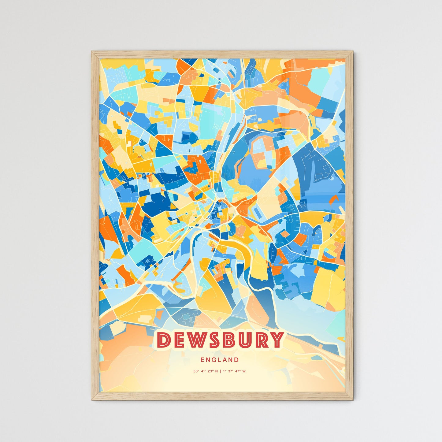 Colorful Dewsbury England Fine Art Map Blue Orange