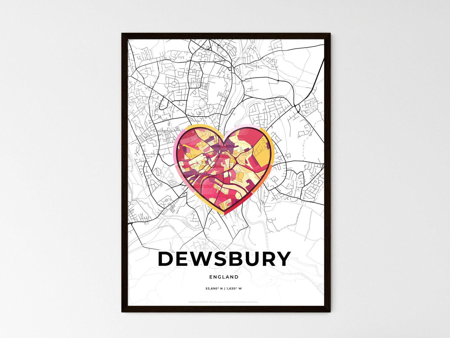 Dewsbury England wedding art map with heart icon