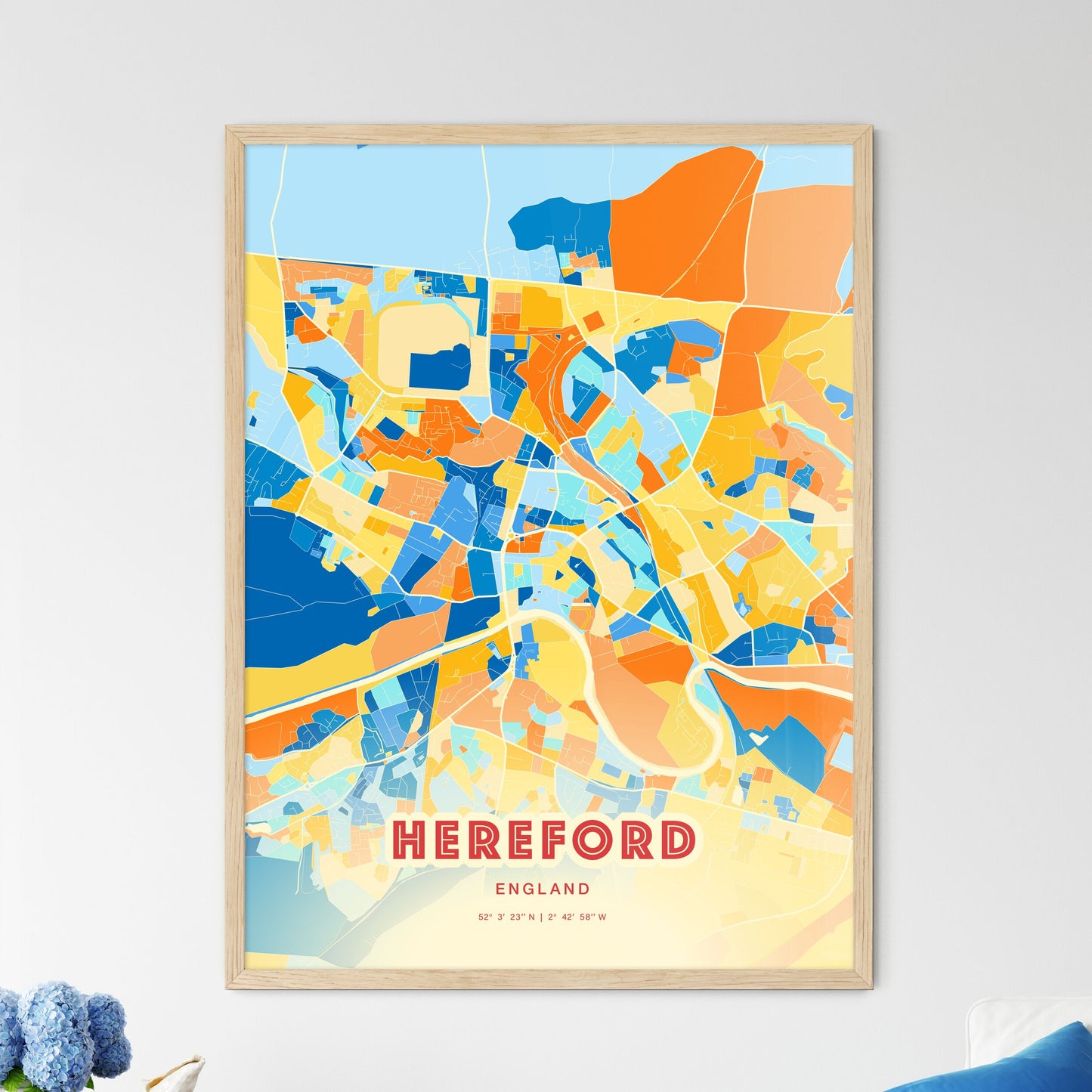 Colorful Hereford England Fine Art Map Blue Orange